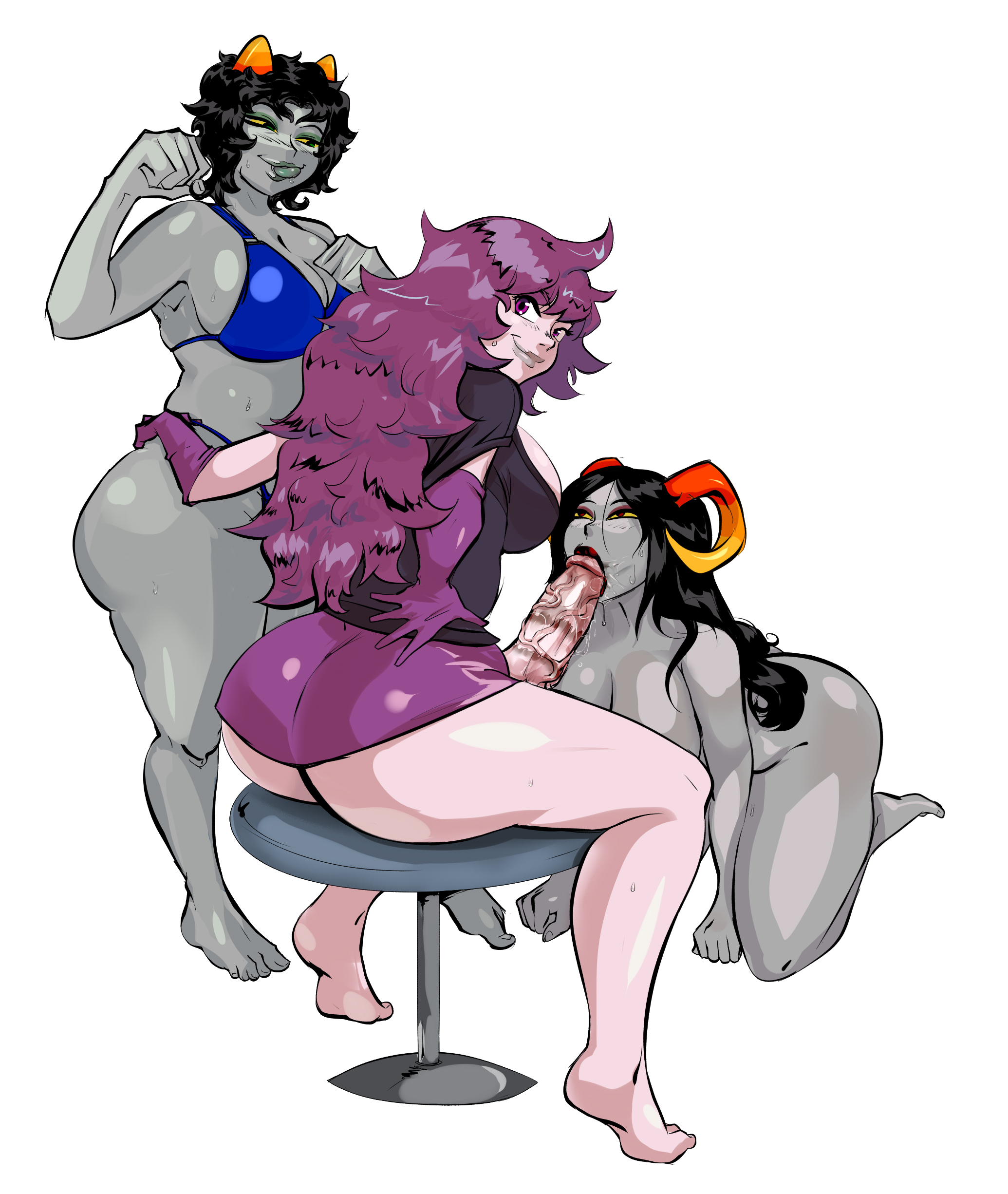 1futa, 2023, 2girls, all fours, aradia megido, back, big breasts, bottomless, bra, breasts, clothed, clothes, clothing, diana storm, erection, fellatio, female, futa on female, futadom, futanari, homestuck, huge cock, human, humanoid, intersex, licking lips, light skin, light-skinned futa, lipstick, lipstick mark, lipstick on penis, looking back, lysanthum, mostly clothed, mostly nude, nepeta leijon, nude, on knees, oral, penis, purple eyes, purple hair, sex, sitting, smug, standing, threesome