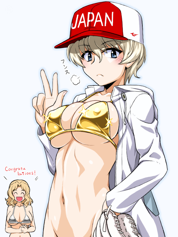 2girls baseball_mitt bikini blonde_hair blue_eyes blush bottomless breasts cleavage closed_eyes closed_mouth collarbone covered_nipples girls_und_panzer groin hat kay_(girls_und_panzer) large_breasts looking_at_viewer multiple_girls navel oosaka_kanagawa open_mouth short_hair simple_background smile swimsuit upper_body white_background white_bikini white_hair yellow_bikini youko_(girls_und_panzer)