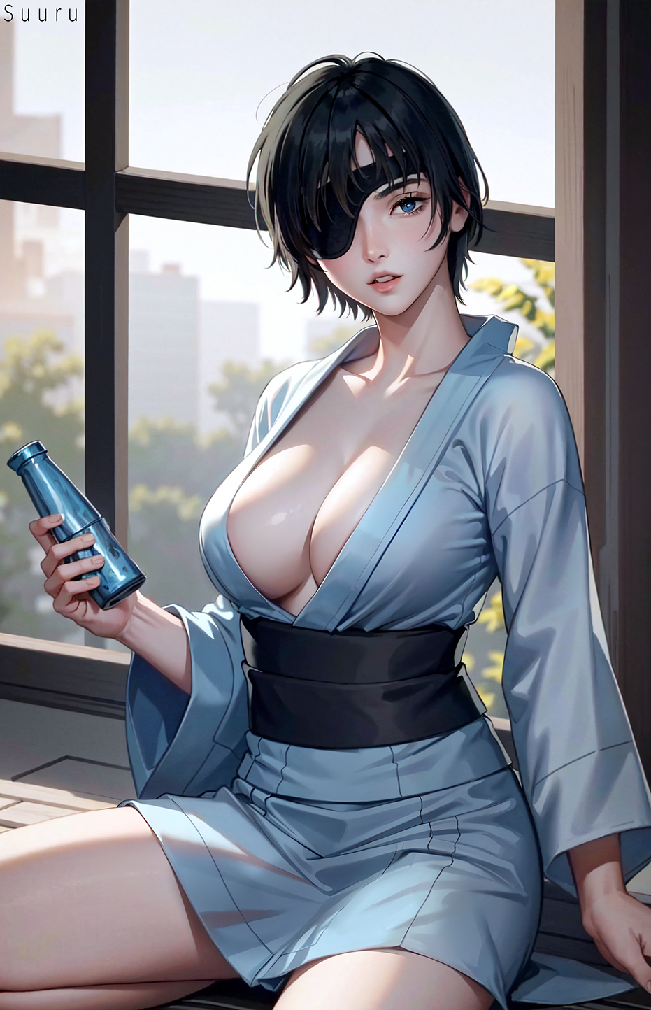 ai generated, asian, asian female, ass, big ass, big breasts, breasts, chainsaw man, cleavage, eyepatch, female, female only, himeno (chainsaw man), japanese, japanese clothes, kimono, looking at viewer, sitting, solo, solo female, suuru, thick thighs, wide hips