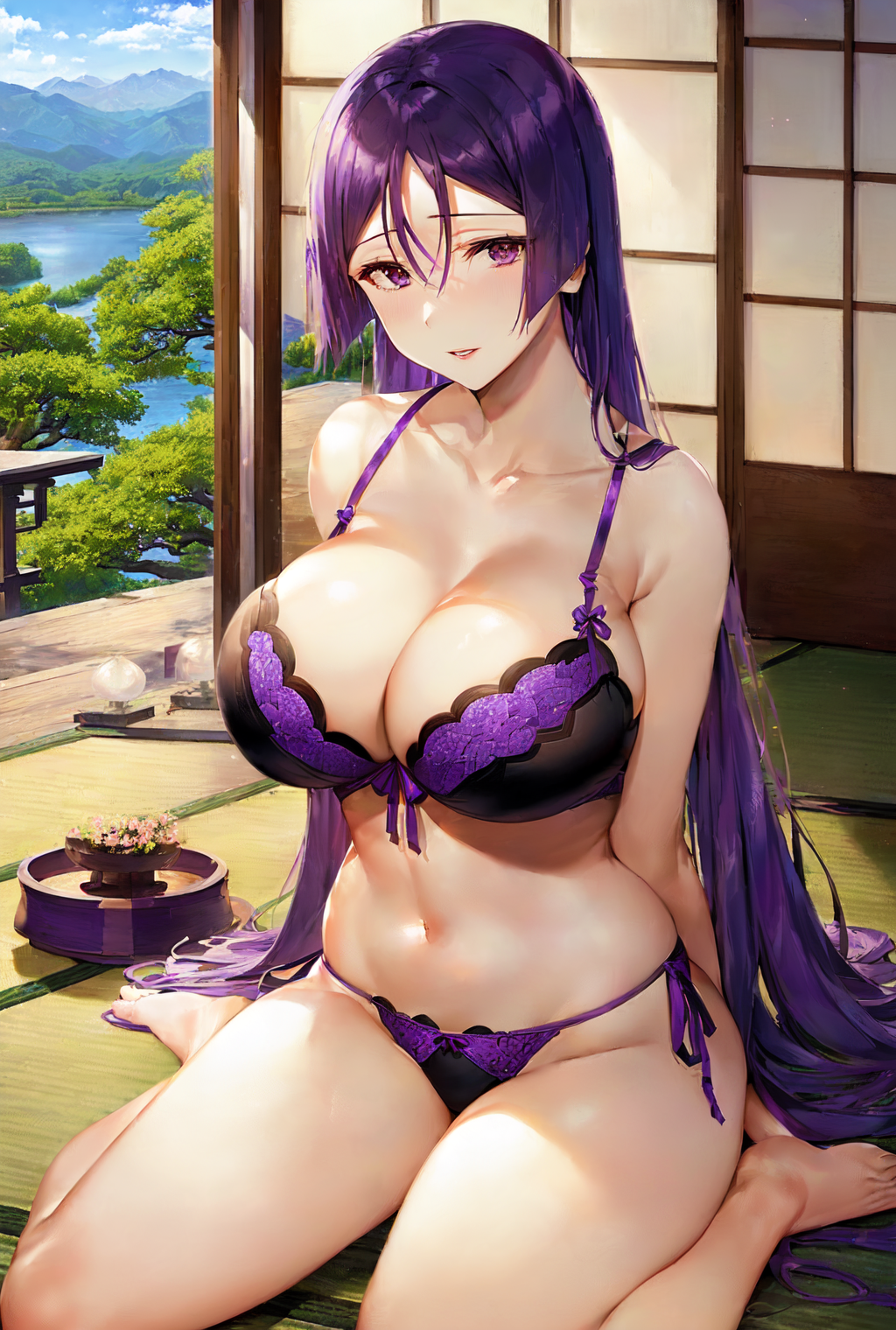 1girls, ai generated, breasts, curvaceous, curvy body, curvy female, curvy figure, fate (series), fate/grand order, female, hi res, huge breasts, lingerie, long hair, minamoto no raikou (fate/grand order), seductive look, stable diffusion, underwear, violet hair
