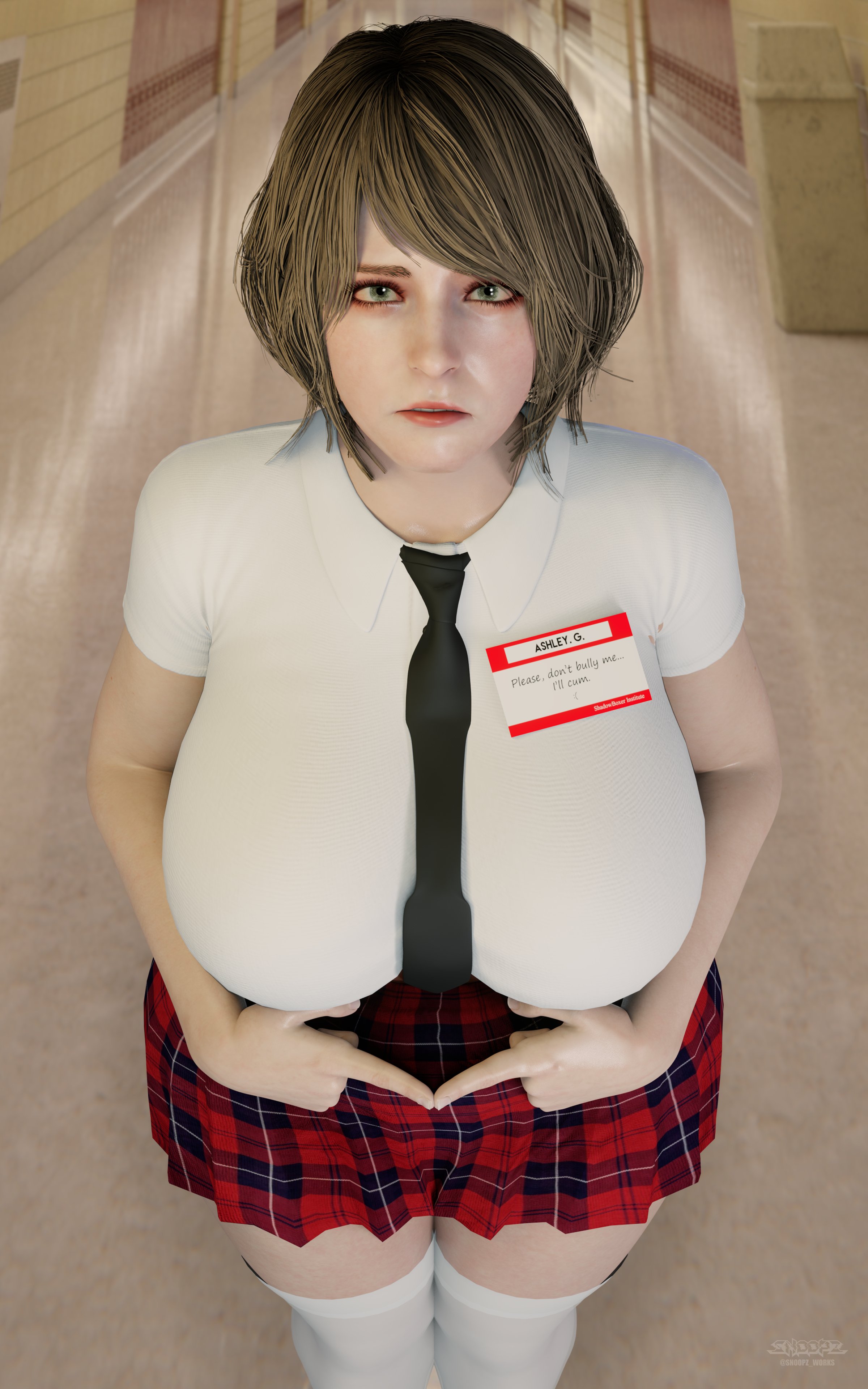 1girls, 3d, 3d (artwork), ashley graham, ashley graham (ella freya), breasts, busty, clothes, female, female only, fingers together, huge breasts, human, human only, large breasts, legwear, looking at viewer, resident evil, resident evil 4, resident evil 4 remake, schoolgirl uniform, short hair, skirt, snoopz, solo, solo female, standing, text, thighhighs, tie