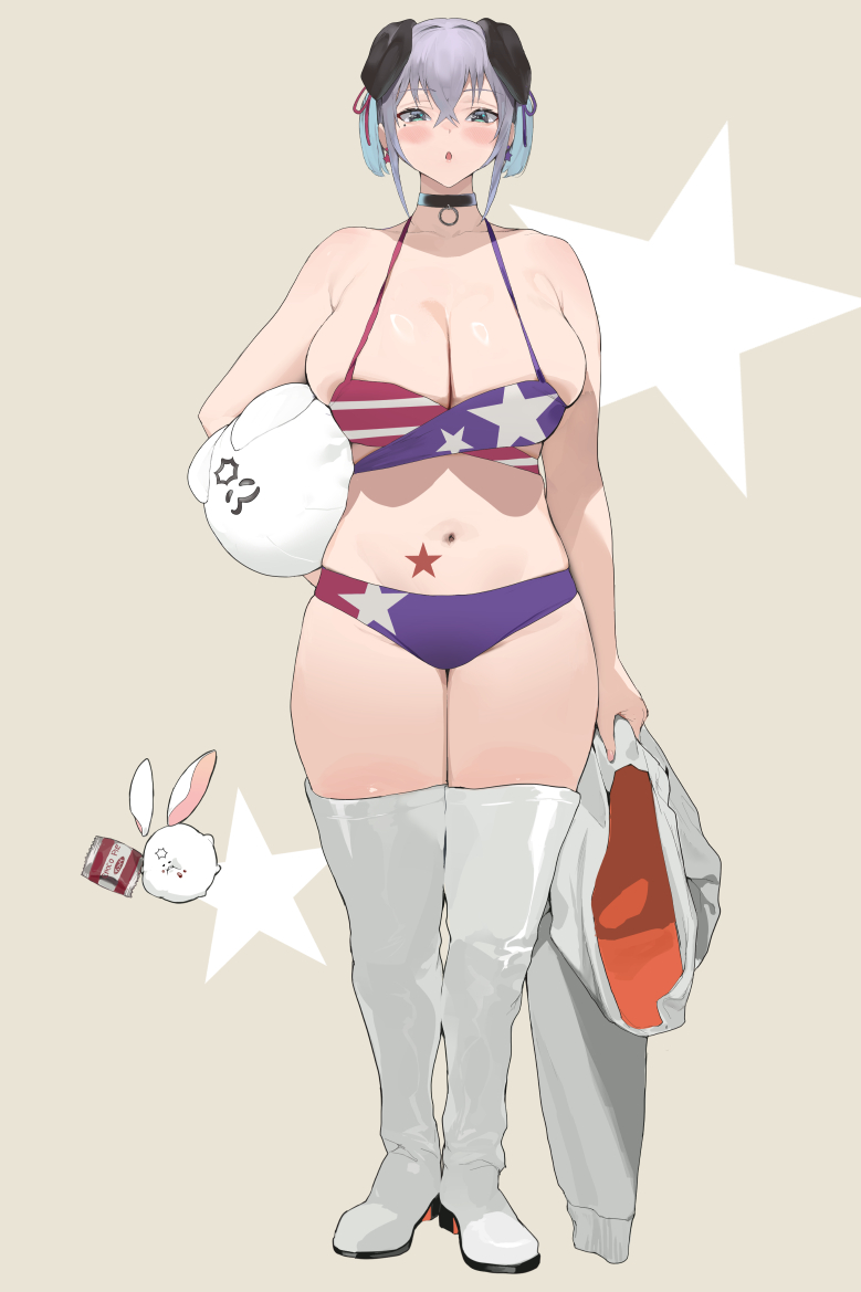 :o american_flag_bikini animal_ears bare_arms bare_shoulders bikini black_choker blue_eyes blue_hair boots breasts choker cleavage crossed_bangs dog_ears female flag_print full_body gradient_hair grey_hair hair_between_eyes hair_intakes holding holding_hoodie hood hoodie hoodie_removed huge_breasts iku_(ikuchan_kaoru) ikuchan_kaoru_(character) indie_virtual_youtuber looking_at_viewer multicolored_hair navel parted_lips skindentation solo standing swimsuit thigh_boots thighhighs twintails virtual_youtuber white_footwear