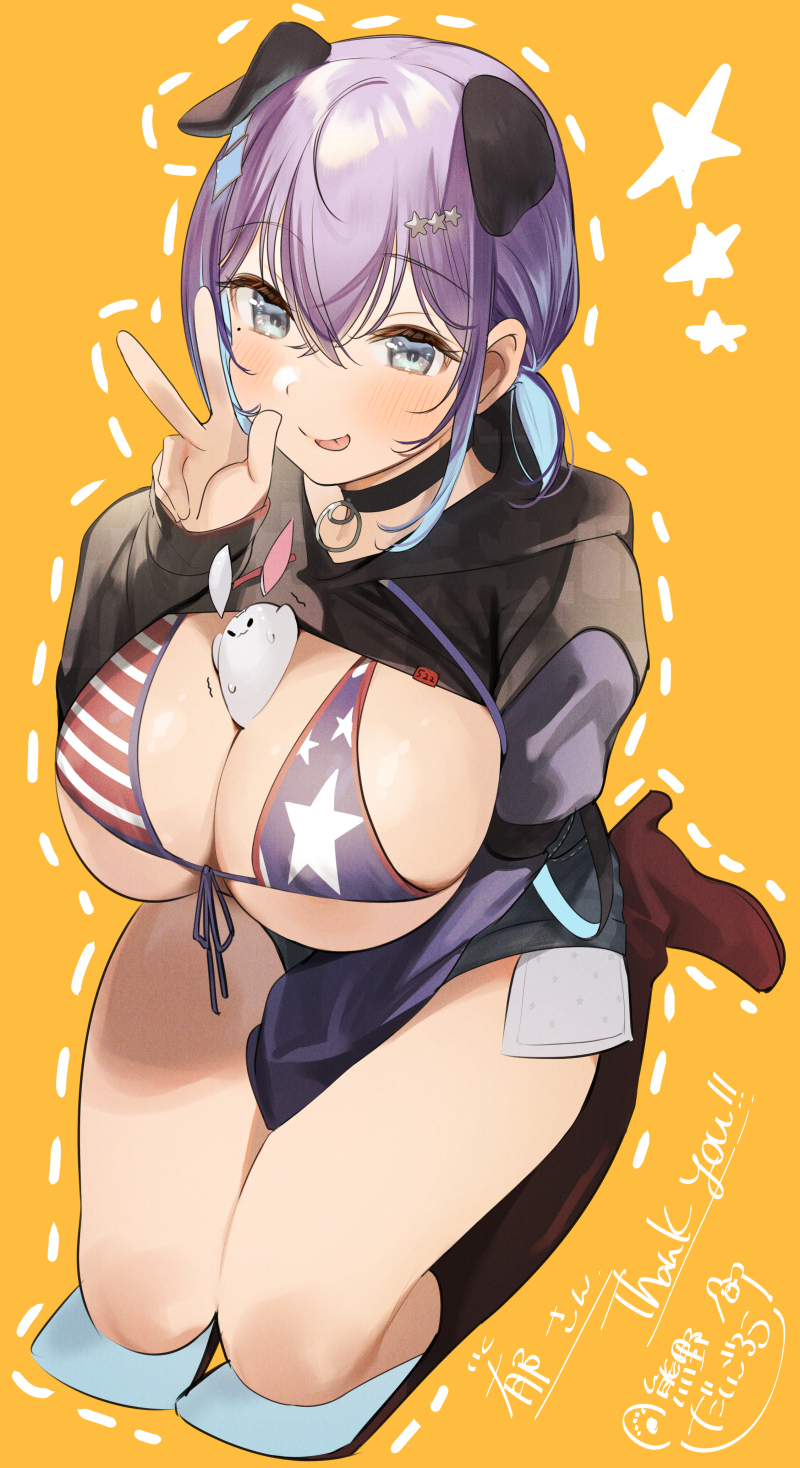 :p animal_ears black_choker blue_hair blush boots breasts brown_footwear choker commission cropped_hoodie dated dog_ears female full_body grey_eyes hand_up high_heel_boots high_heels highres hood hoodie huge_breasts ikuchan_kaoru_(character) indie_virtual_youtuber knee_boots kuma_daigorou long_sleeves looking_at_viewer low_twintails multicolored_hair purple_hair second-party_source seiza signature sitting skeb_commission smile solo tongue tongue_out twintails two-tone_hair virtual_youtuber w yellow_background