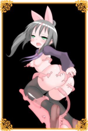 ass black_background bow dungeon_party gray_hair long_hair long_sleeves millete panties petite stockings tentacle tentacle_on_female