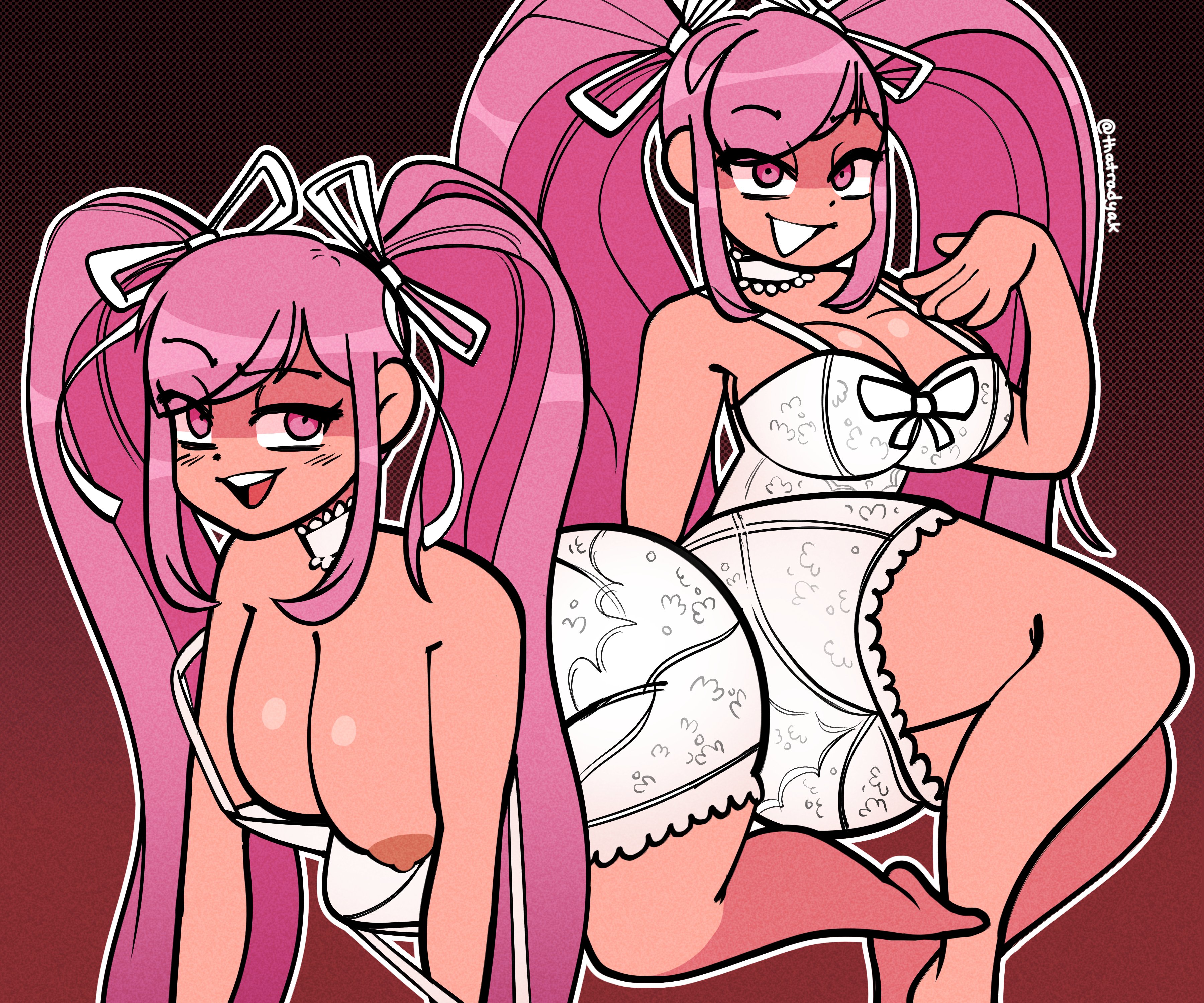 1girls, big breasts, breasts, female, female only, grin, lingerie, long hair, nipples, omori, perfectheart (omori), pink eyes, pink hair, smile, smug, thatradyak, twintails