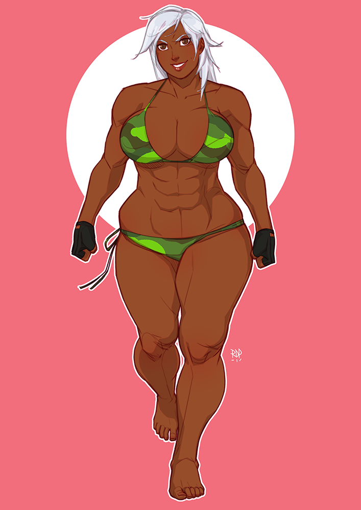 1girls abs bikini breasts brown_eyes camouflage_bikini cleavage commission dark-skinned_female dark_skin huge_breasts looking_at_viewer muscular muscular_female samuraiblack sega simple_background smile solo string_bikini thick_thighs vanessa_lewis virtua_fighter white_hair