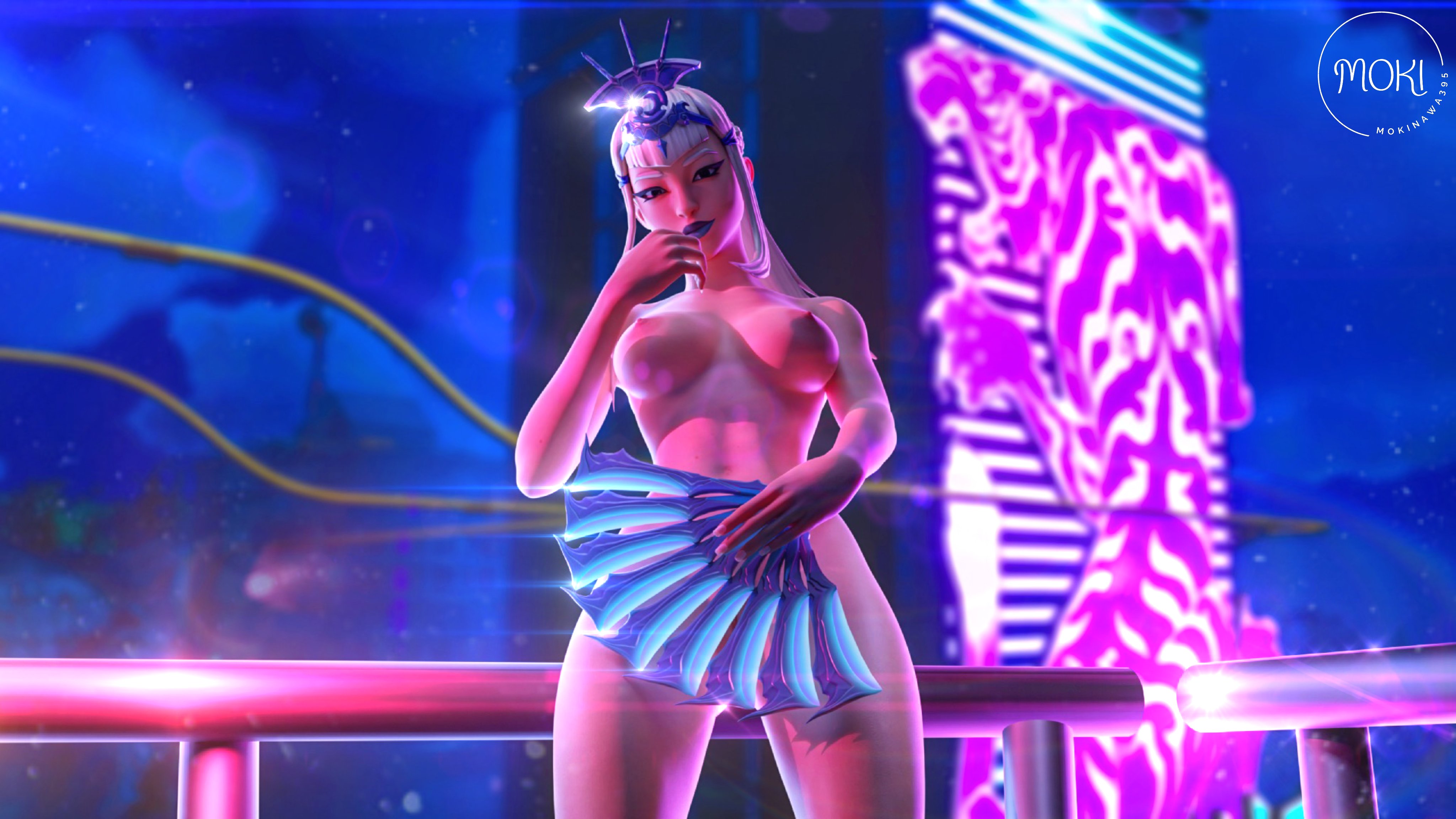 breasts, covering pussy, crown, female, fortnite, fortnite: battle royale, hand fan, mizuki (fortnite), nude, nude female, public, public nudity, pussy, tagme