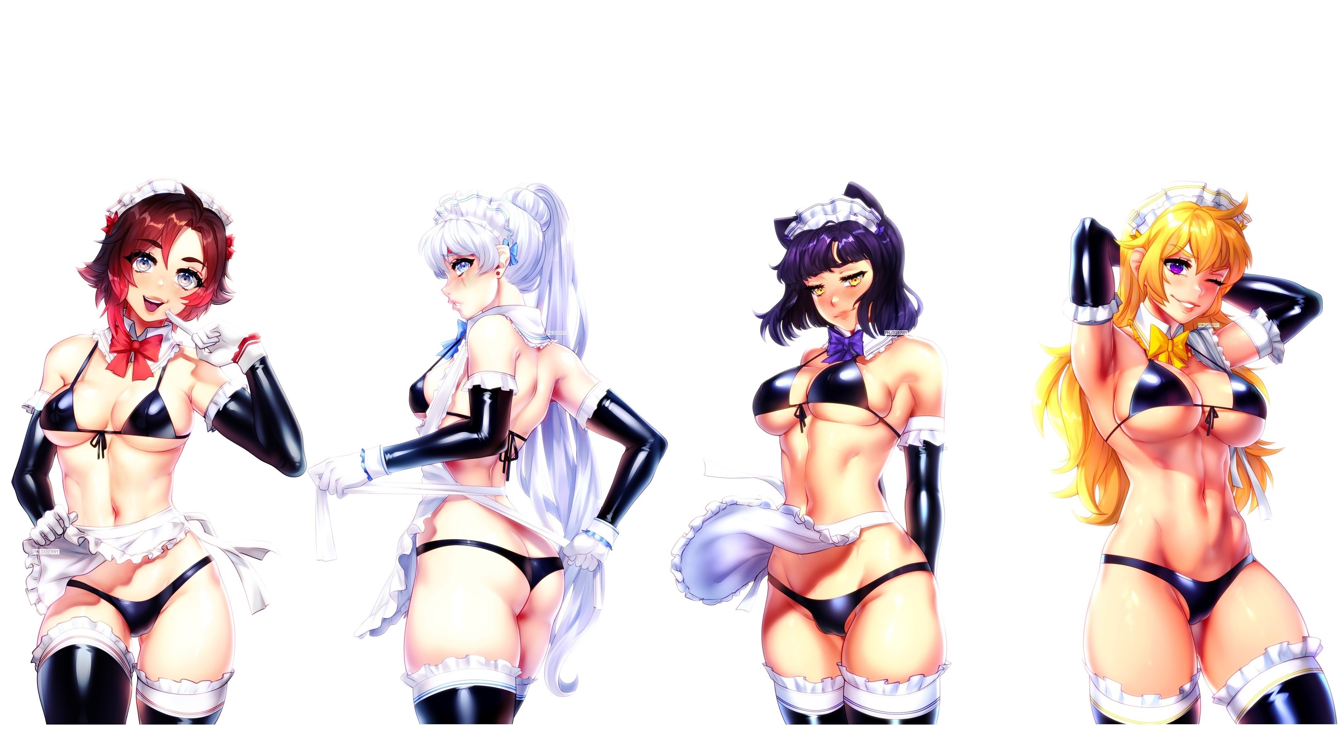 16:9, 4girls, bikini, blake belladonna, blue eyes, clothing, faunus, female, female only, human, maid, maid headdress, maid uniform, multiple females, multiple girls, pale skin, phloxberry, public, purple eyes, ruby rose, rwby, silver eyes, swimwear, team rwby, thighhighs, wallpaper, weiss schnee, white hair, yang xiao long, yellow eyes