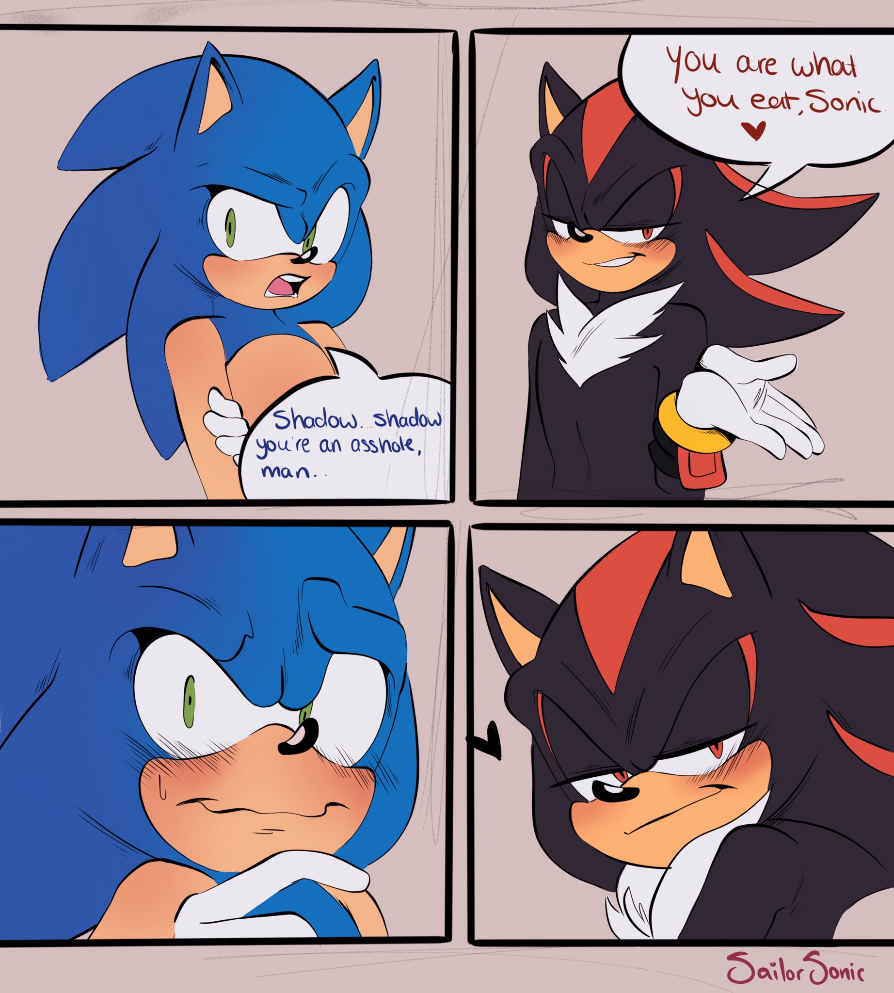 2boys, anthro, blush, comic, exposed torso, footwear, gay, handwear, male, male focus, male only, not porn, panels, sailorsonic, sega, shadow the hedgehog, snapcube, sonadow, sonic (series), sonic the hedgehog, sonic the hedgehog (series), text, yaoi