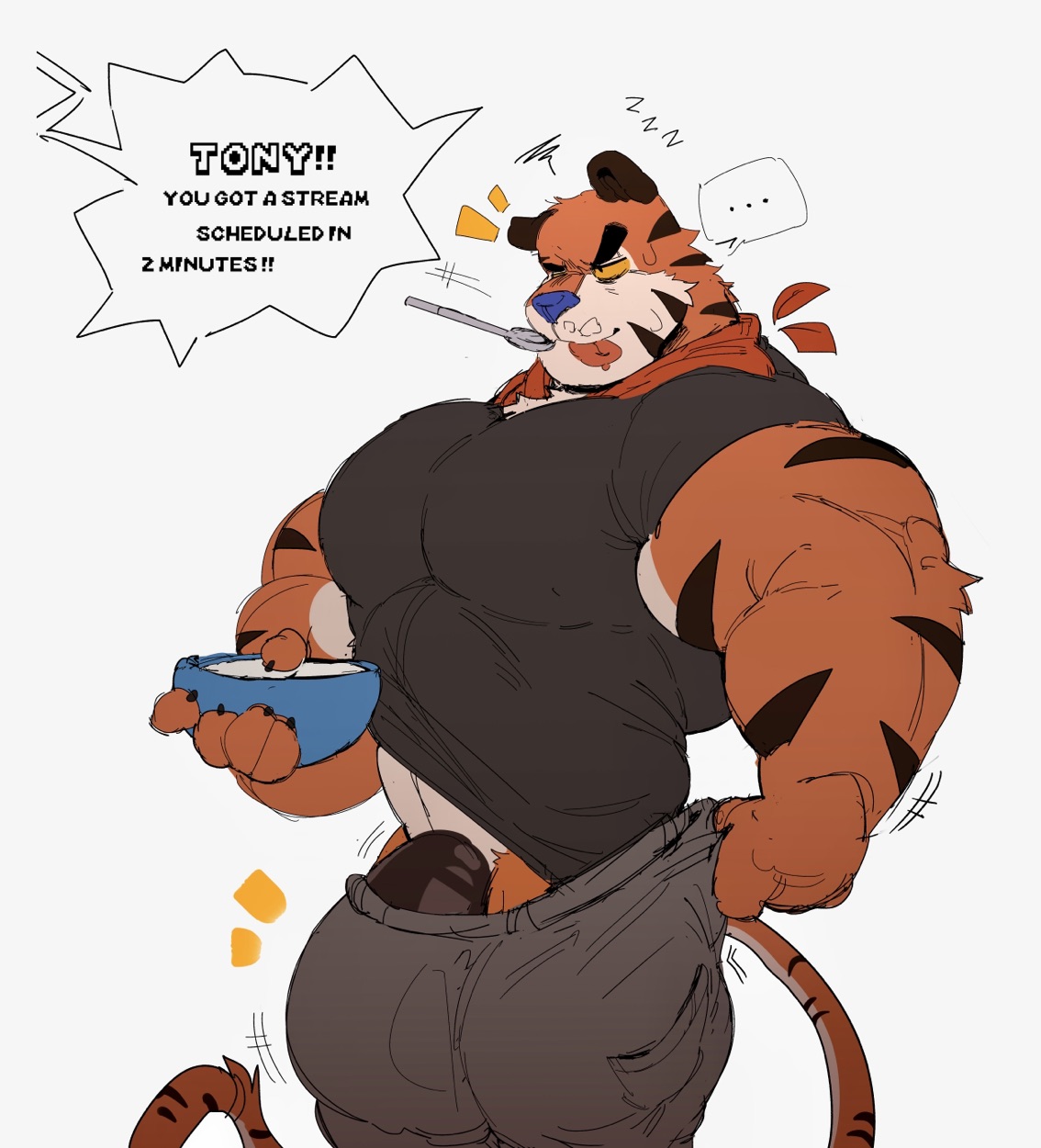 ..., akachionmain, anthro, balls, bara, big balls, big bulge, big penis, bowl, bulge, cereal, flaccid, fully clothed, furry, gay, kellogg's, male, male only, mascot, muscles, muscular, orange fur, penis, solo, solo male, speech bubble, spoon, text, tiger, tongue, tongue out, tony the tiger, yaoi