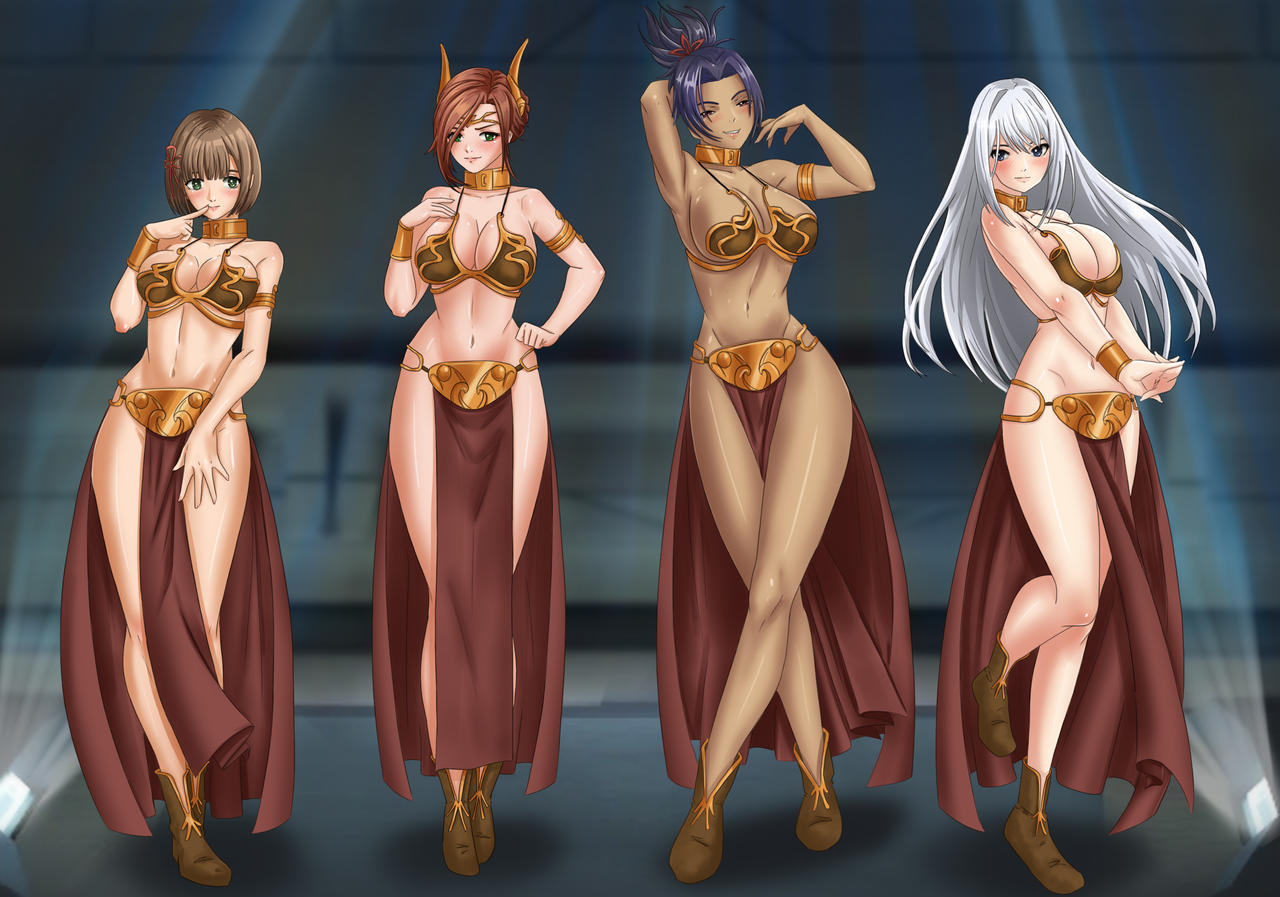 4girls alexandria_(xenoblade) amenoosa ashera_(xenoblade) belly_dancer belly_dancer_outfit brown_hair cleavage collar crossover_cosplay dancer dancer_outfit ethel_(xenoblade) female female_only fully_clothed hair_ornament harem harem_girl harem_outfit huge_breasts indigo_hair large_breasts loincloth long_hair metal_collar miyabi_(xenoblade) multiple_girls revealing_clothes short_hair silver_hair skimpy_clothes slave slave_bikini slave_collar slave_leia_(cosplay) slave_outfit slavegirl star_wars voluptuous xenoblade_(series) xenoblade_chronicles_3