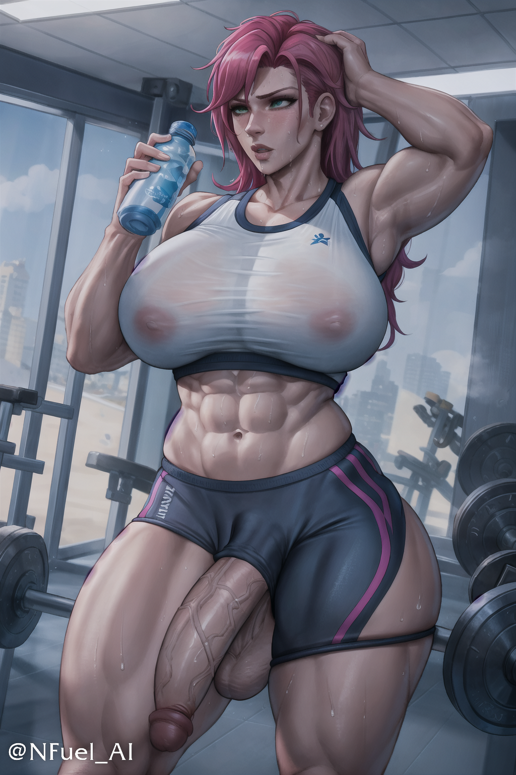 1futa abs after_workout ai_generated areolae balls big_balls big_breasts big_penis breasts crotchless erect_nipples flaccid futa_only futanari green_eyes gym muscular muscular_futanari navel nightmare_fuel_ai nipple_bulge nipples overwatch overwatch_2 penis penis_out pink_hair see-through sweat sweating water zarya