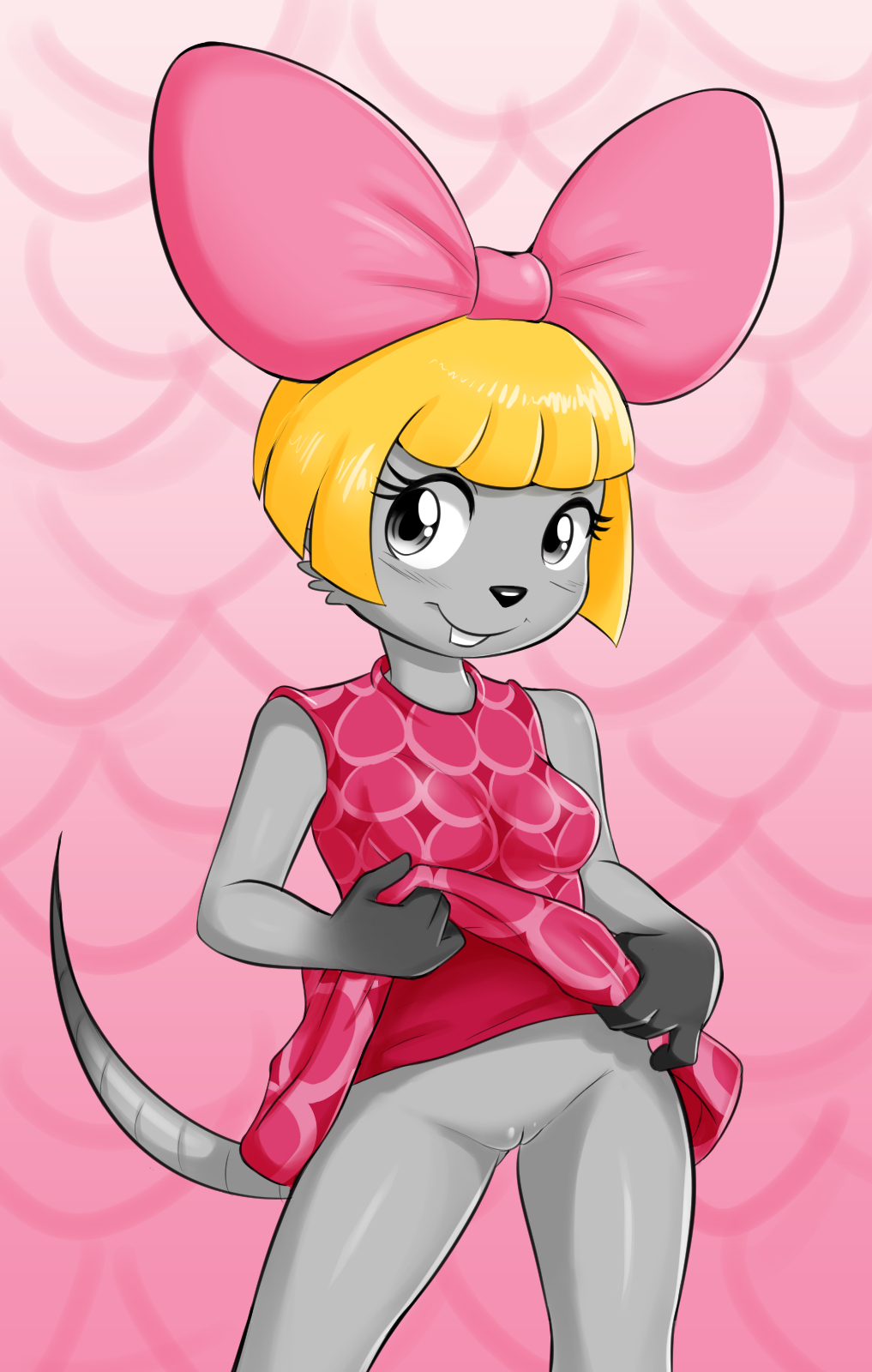 animal_crossing anthro blonde_hair blush bottomwear bow_ribbon clothed clothing clothing_lift dragontheshadows female fur genitals grey_body grey_fur hair hi_res humanoid mammal mouse murid murine nintendo penelope_(animal_crossing) pussy rat rodent short_hair skirt skirt_lift smile solo