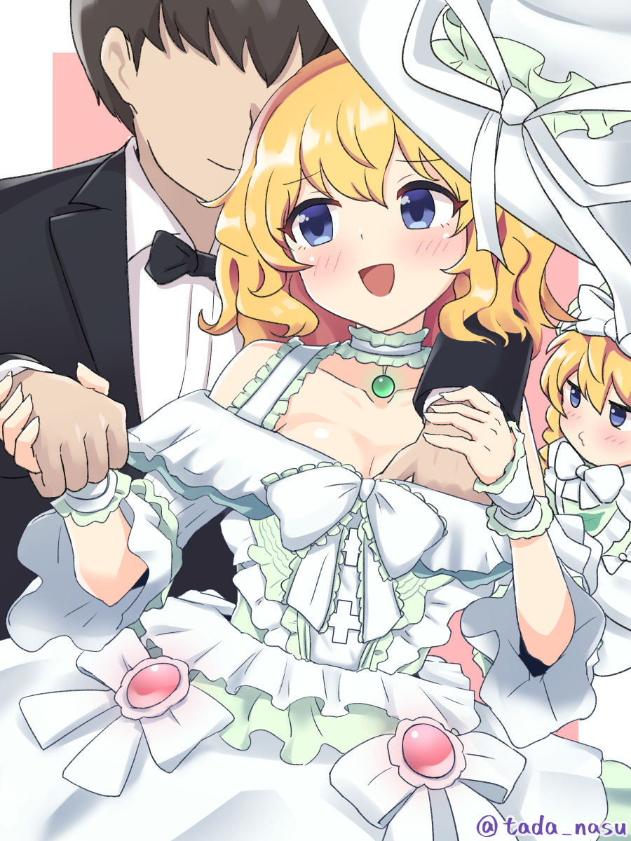 blonde_hair blue_eyes breast_grab groping holding_hands medicine_melancholy medium_breasts short_hair straight su-san tada_no_nasu touhou touhou_lost_word wedding_dress