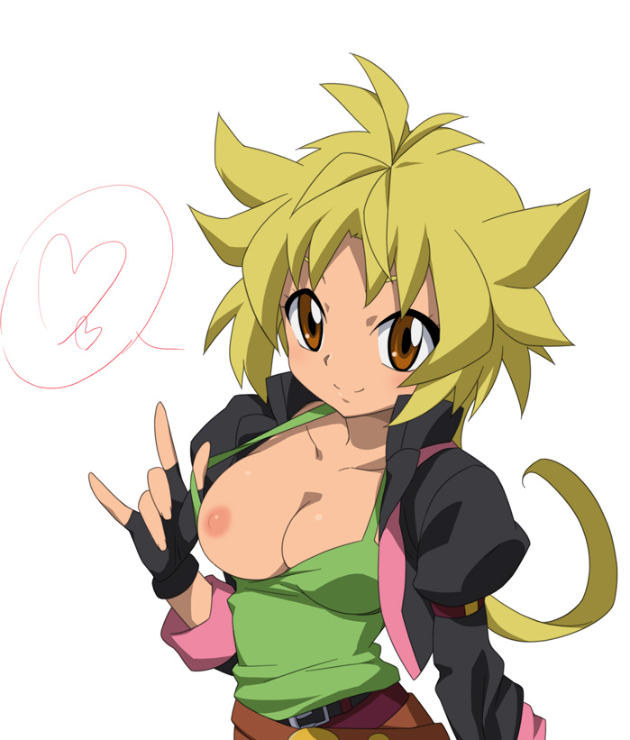 beyblade beyblade_shogun_steel black_gloves blonde_hair breasts closed_mouth female fingerless_gloves gloves kaidou_zx kurenai_ren long_hair looking_at_viewer medium_breasts metal_fight_beyblade nipples orange_eyes simple_background smile solo