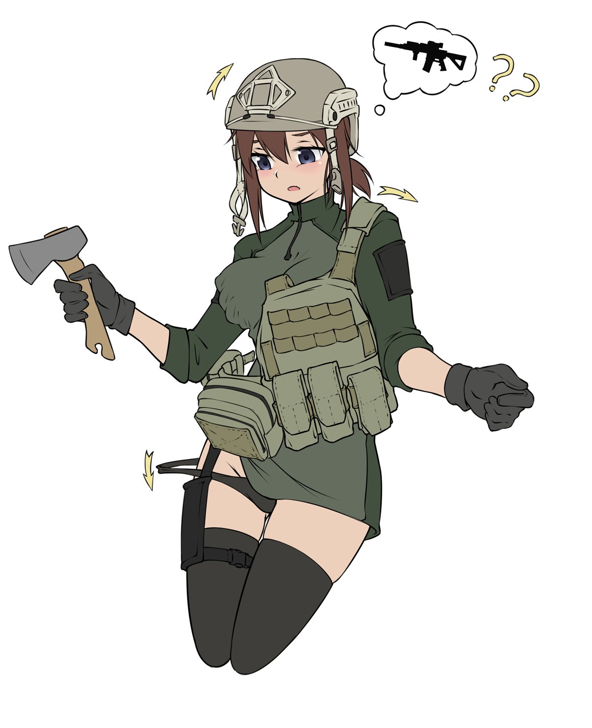 ?? armedshipyard armor armor_removed axe breast_squeeze breasts brown_hair escape_from_tarkov gloves helmet invisible lisa_(armedshipyard)​ panties panties_down panties_pull thighhighs white_background