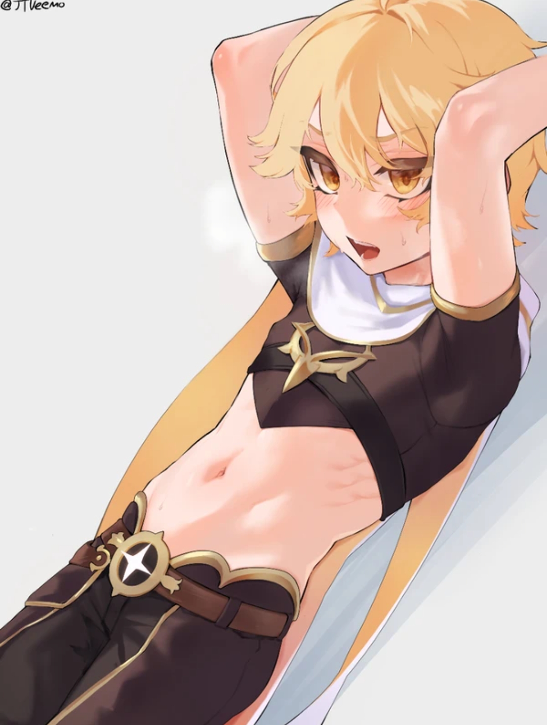 1boy, aether (genshin impact), angry, blonde hair, blonde-haired male, blush, femboy, genshin impact, jtveemo, male, male focus, male only, solo, waist