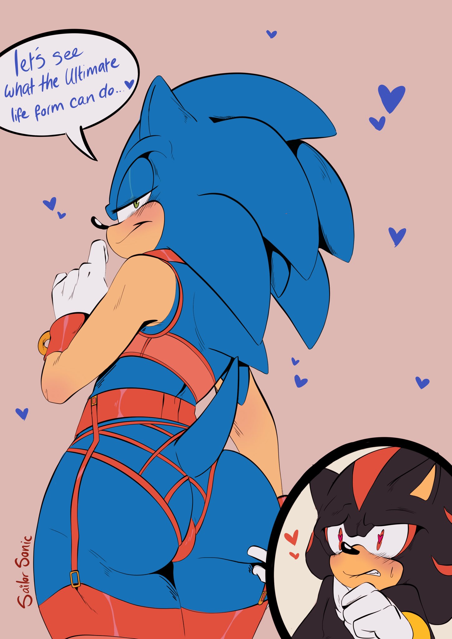 2boys, ass, blush, blush lines, blushing, bondage, bondage gear, bondage outfit, fur, furry, heart eyes, heart-shaped pupils, hearts, hedgehog, in love, leash, leash and collar, looking back, male, male only, male/male, pierced belly button, sailorsonic, sega, shadow the hedgehog, sonadow, sonic (series), sonic the hedgehog, sonic the hedgehog (series), yaoi