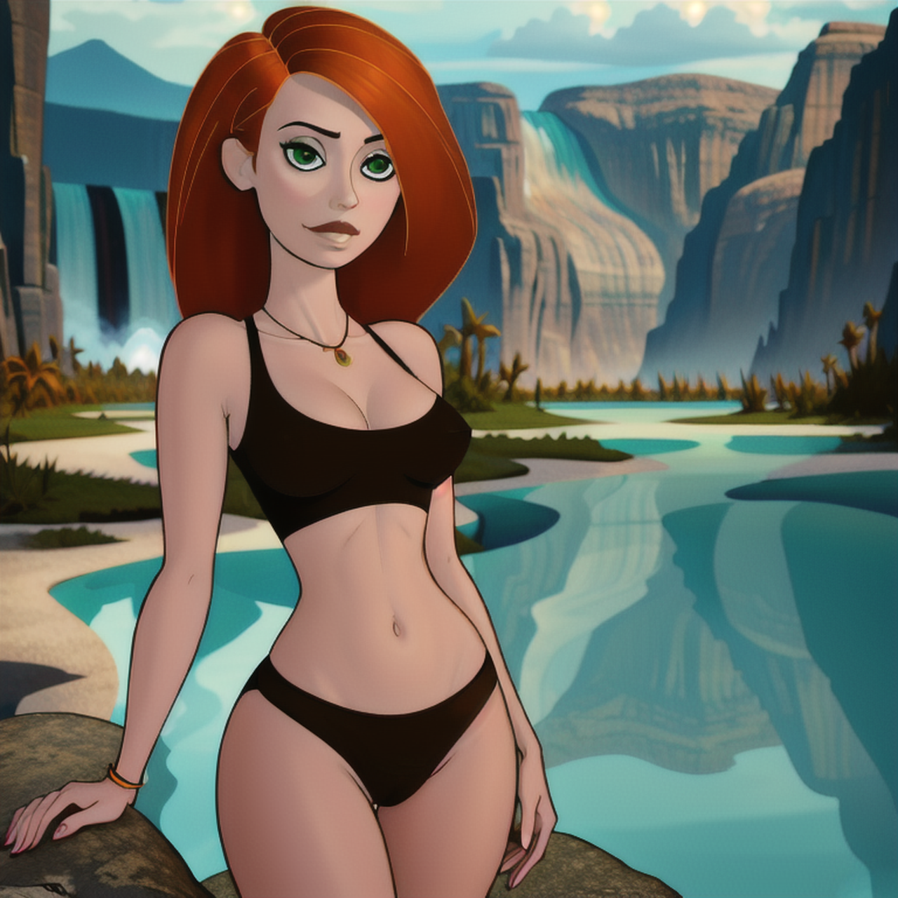 1girls, ai generated, athletic, athletic female, audiostick, belly button, bikini, bracelet, breasts, cartoony, detailed background, disney, disney channel, eyeliner, female, female only, green eyes, human, kim possible, kimberly ann possible, lake, leaning, looking at viewer, necklace, orange hair, panties, partially clothed, seductive, seductive smile, small breasts, solo, sports bra, stable diffusion, waterfall, wide hips