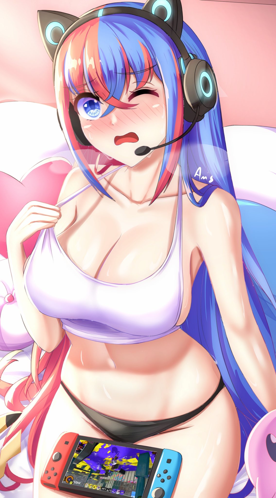 1girls, alear (fire emblem), alear (fire emblem) (female), anisdrawn, bare arms, bare shoulders, black panties, blue eyes, blue hair, blush, breasts, camisole, cleavage, collarbone, commentary, crop top, female, female only, fire emblem, fire emblem engage, groin, hair between eyes, headset, highres, kirby, kirby (series), large breasts, midriff, multicolored hair, navel, nintendo, nintendo switch, nose blush, one eye closed, panties, pikachu, pokemon, red hair, sitting, solo, splatoon, splatoon (series), stomach, streaked hair, thighs, two-tone hair, underwear