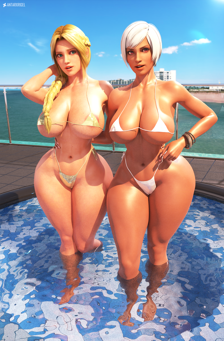 2girls 3d antarxrigel big_breasts bikini blonde_hair blue_eyes braided_hair breasts cleavage dark-skinned_female dark_skin dead_or_alive eyes female female_focus female_only hands_behind_back helena_douglas huge_ass large_ass large_breasts lisa_hamilton looking_at_viewer massive_thighs micro_bikini outside pool red_eyes short_hair sling_bikini team_ninja tecmo thick thick_legs thick_thighs thunder_thighs voluptuous voluptuous_female white_hair wide_hips