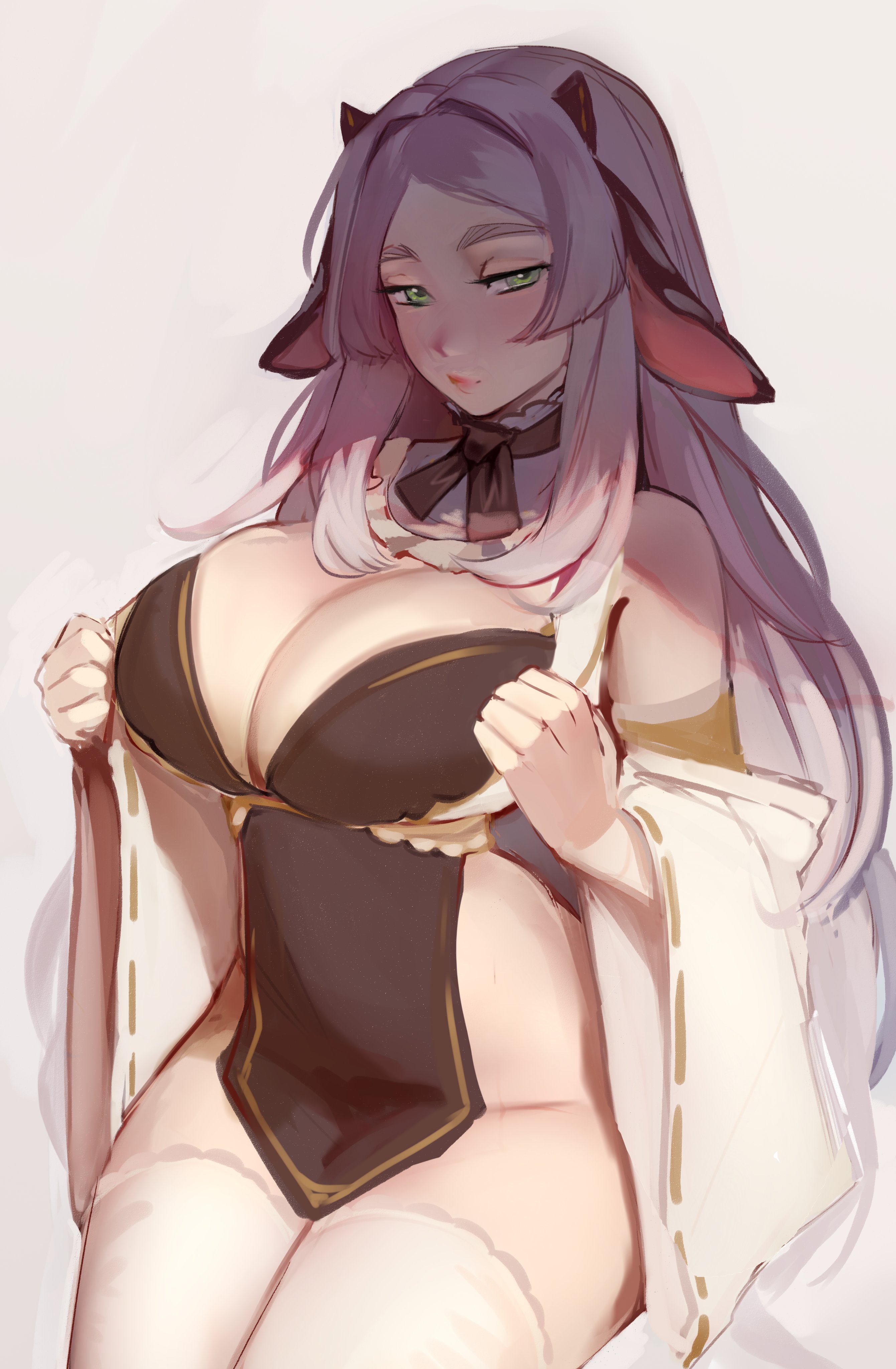 1girls, absurd res, big breasts, breasts, clothing, female, female only, goat ears, goat girl, goat horns, green eyes, horns, light skin, light-skinned female, long hair, looking at viewer, maewix1, muna (maewix), narrowed eyes, solo, white hair