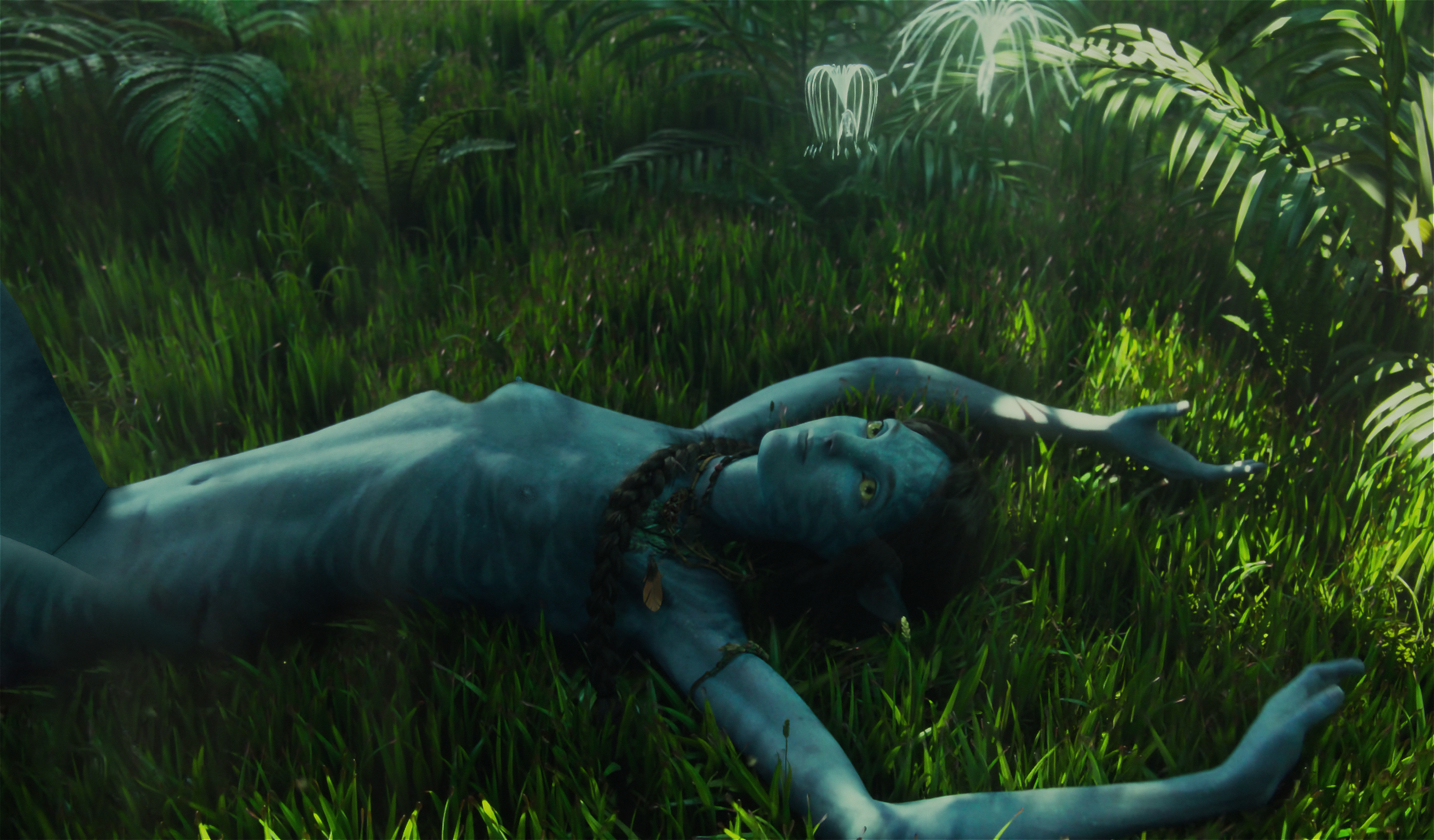 1girls, alien, alien girl, alien only, avatar, avatar: the way of water, black hair, blue skin, edit, edited, female, grass, kiri (avatar), lying, na'vi, outdoors, outside, realistic, short hair, skinny, third-party edit