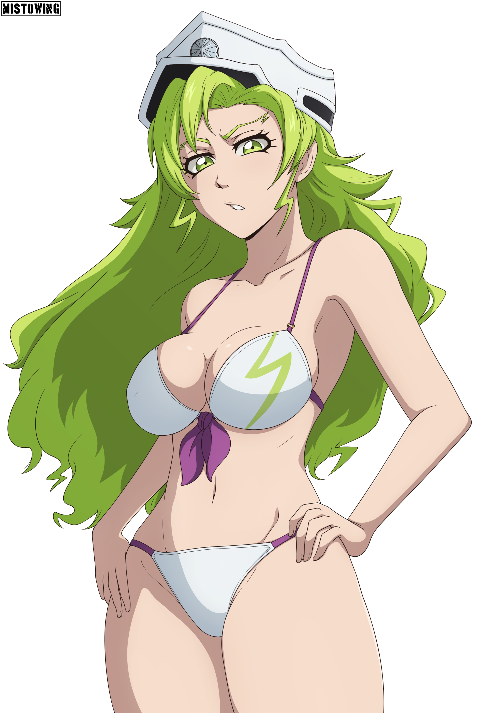1girls, bikini, bleach, bleach: the thousand-year blood war, candice catnipp, female, female only, green eyes, green hair, hand on hip, hat, looking at viewer, mistowing, quincy (bleach) bikini, simple background, solo, white background