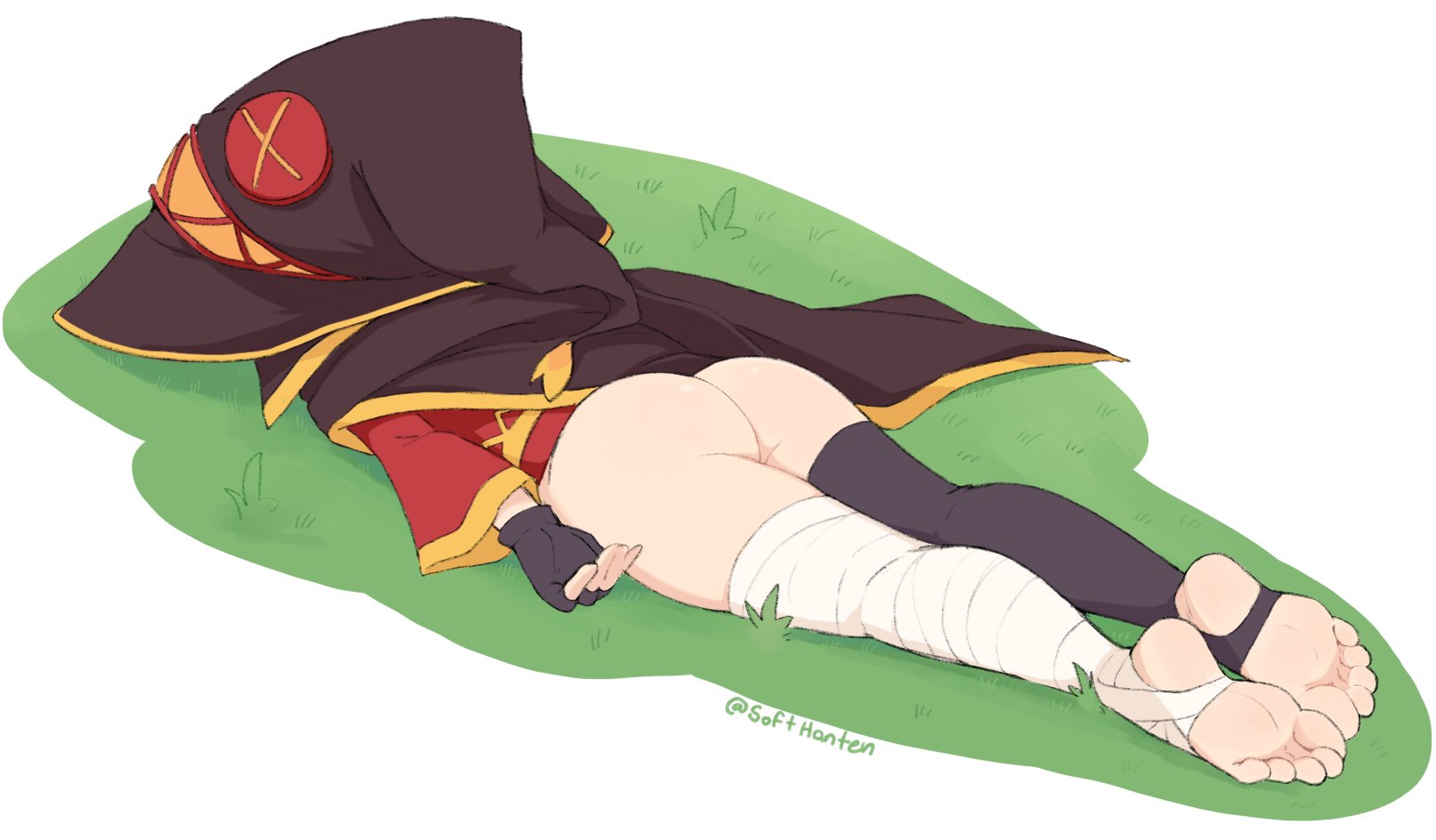 1girls, 2020s, 2022, ass, big ass, brown hair, defeated, dress, feet, female, female only, kono subarashii sekai ni shukufuku wo!, legs, lying, megumin, microdress, no panties, on stomach, short hair, softhanten, soles, solo, teenage female, teenager, thick thighs, thighs, witch, young