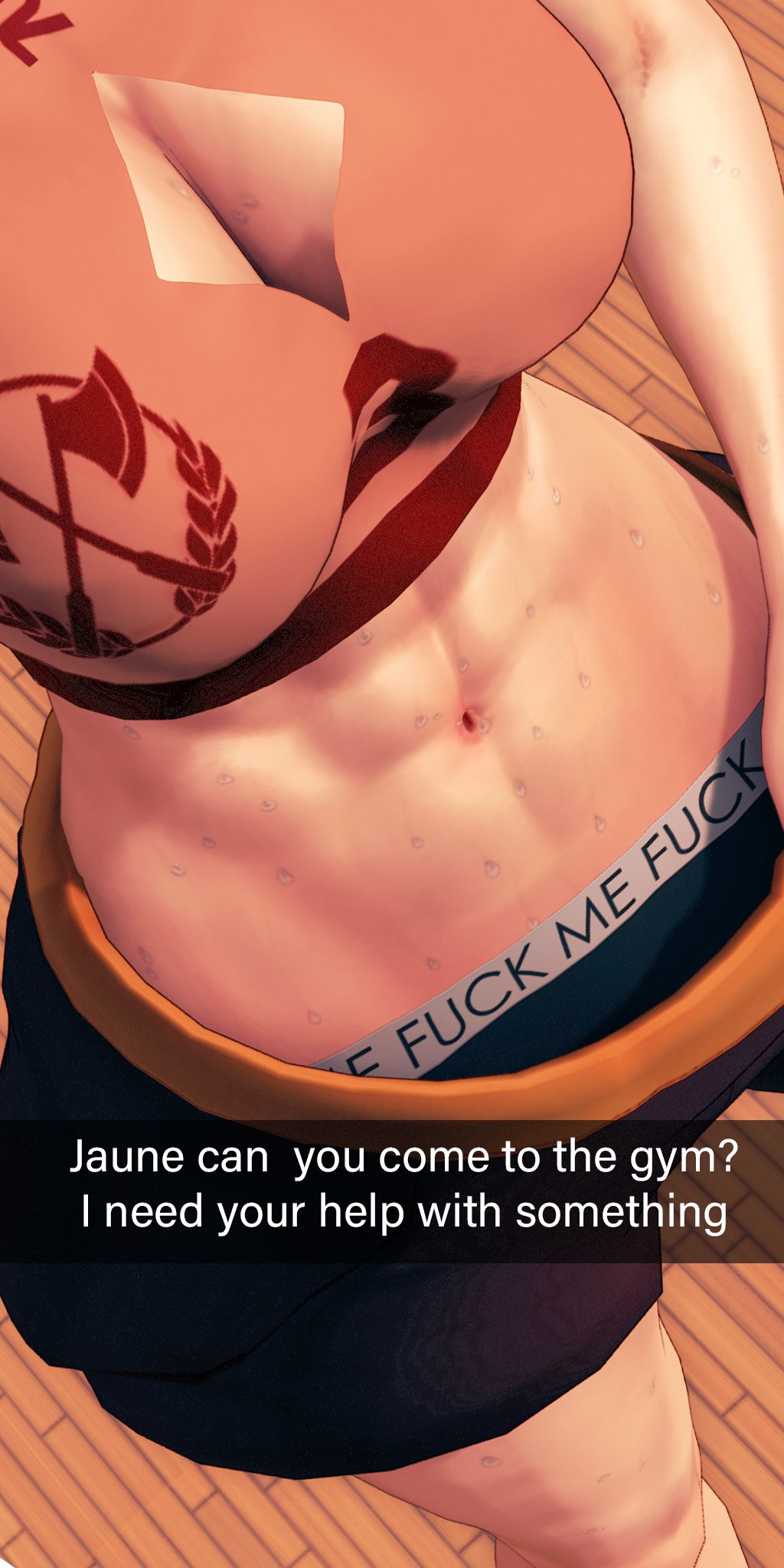 1girls, 3d, abs, asking for it, big breasts, boob window, breasts, english text, female, female only, human, indrick [artist], pyrrha nikos, rooster teeth, rwby, solo, sportswear, sweat, sweatdrop, text, text box