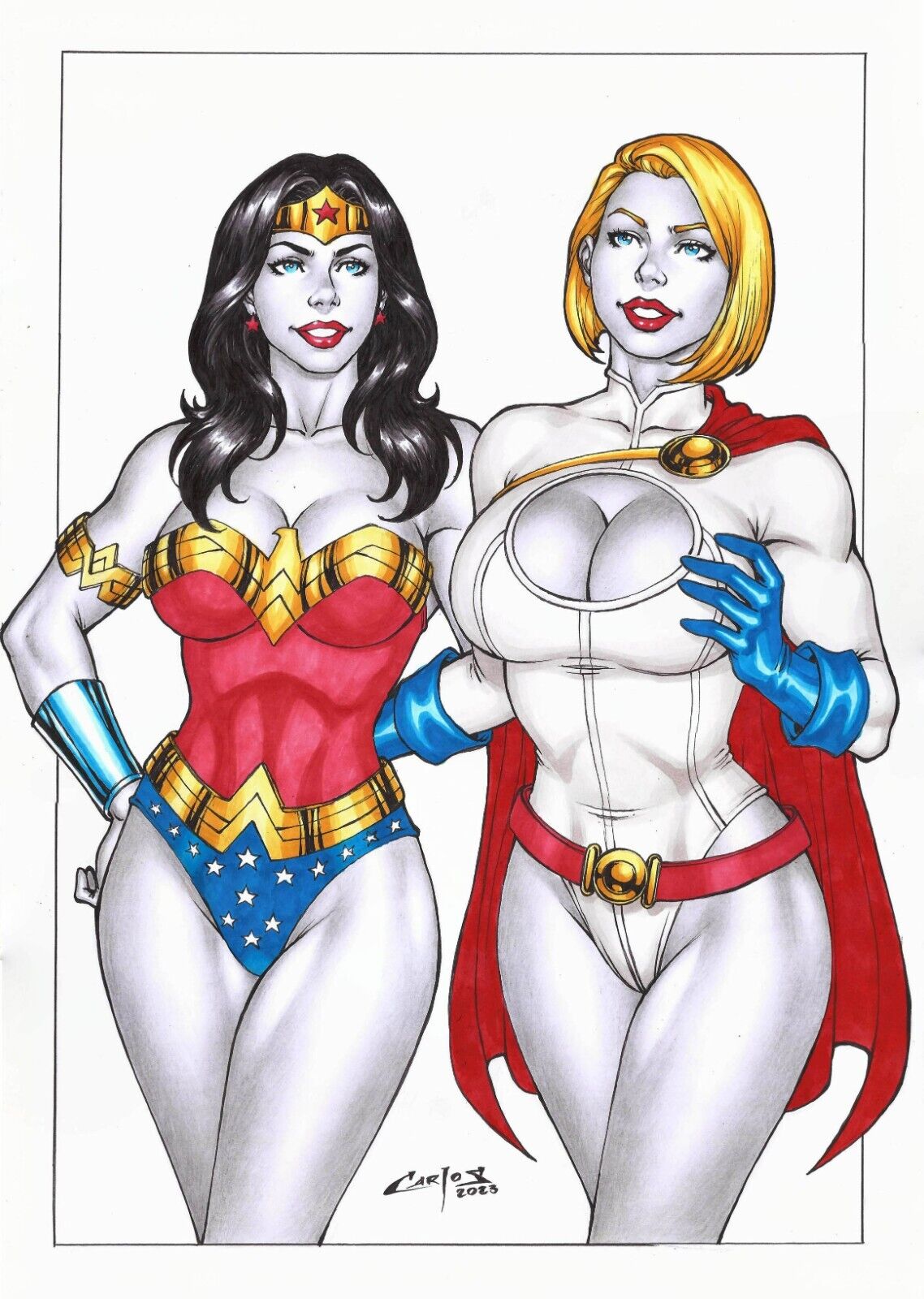 2023, 2girls, amazon, blonde hair, breasts, carlos braga, curvaceous, curvy body, curvy female, curvy figure, dc, dc comics, diana prince, ed benes studio, female, female focus, female only, hi res, high resolution, huge breasts, karen starr, leotard, long hair, looking at viewer, partially colored, power girl, seductive look, superman (series), tiara, voluptuous, voluptuous female, wonder woman, wonder woman (series)