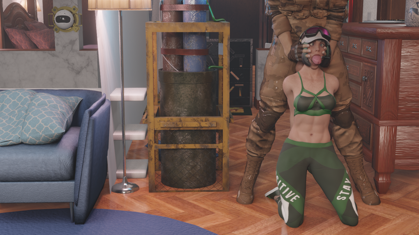 3d, arms behind back, clothed, clothing, death, defeated, duo, ela (rainbow six), female, female death, female focus, gore, guro, hands on head, indoors, inside, male, male/female, necrophilia, oral, penis, rainbow six, rainbow six siege, reverse blowjob, skull fucking, snuff