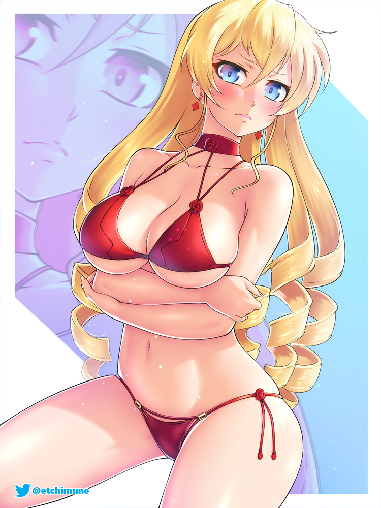 1girls alternate_hairstyle big_breasts bikini blonde_hair blue_eyes breast_hold busty claire_harvey crossed_arms drill_hair etchimune female female_only hi_res hundred large_breasts legs long_hair looking_at_viewer navel red_bikini thighs voluptuous