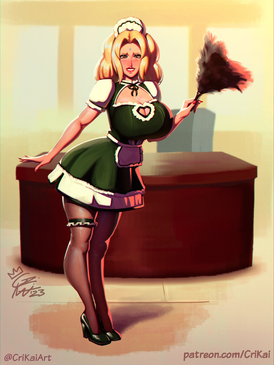 1girls, big breasts, blonde hair, blush, breasts, cleavage cutout, crimson kaiserin, female, female only, long hair, looking at viewer, maid, maid headdress, maid uniform, naruto, naruto (series), pantyhose, smiling, smiling at viewer, solo, tsunade