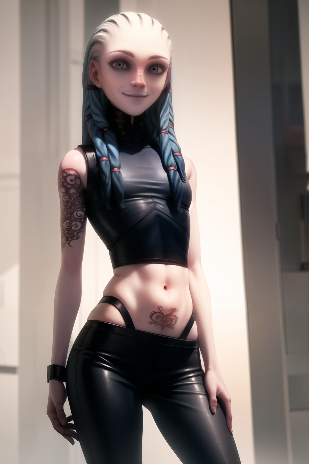 ai_generated alien_female alien_girl alien_humanoid areola blue_eyes blue_hair braided_hair breasts grey_lips gwyndala humanoid midriff naked_female nipples pale_skin pants pubic_tattoo ribs skinny star_trek star_trek_prodigy tagme thong vau_n'akat_(species) whale_tail