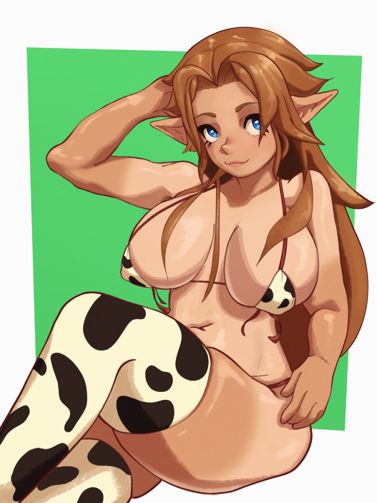 1girls 2023 3:4 baychoka bikini blue_eyes breasts brown_hair cleavage cow_bikini cow_print cremia female female_only green_background hand_on_head highres hylian large_breasts long_ears long_hair majora's_mask malon navel nintendo ocarina_of_time pointy_ears simple_background sitting skindentation smile solo swimsuit tan tan_skin tanline the_legend_of_zelda thick_thighs thighhighs thighs very_long_hair