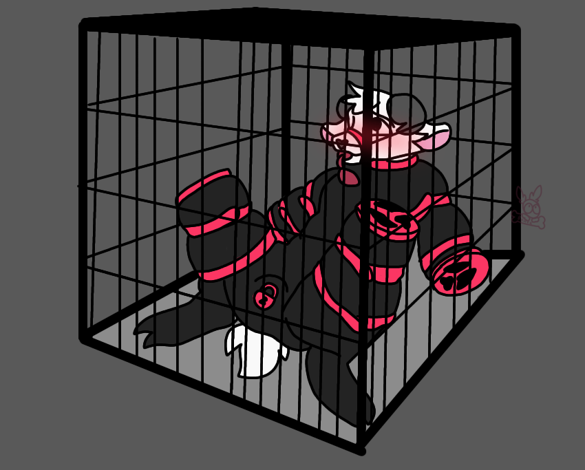 bondage cage cage_muzzle caged femboy furry furry_only goat latex latex_suit male male_only solo solo_male tied_up