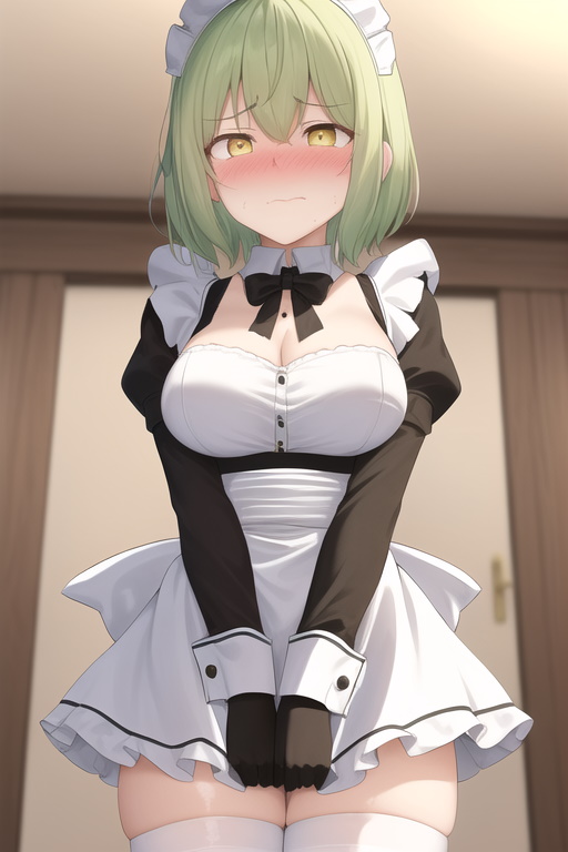 ai_generated artist_request blush embarrassed french_maid green_hair hikage_(senran_kagura) maid senran_kagura shy skirt yellow_eyes