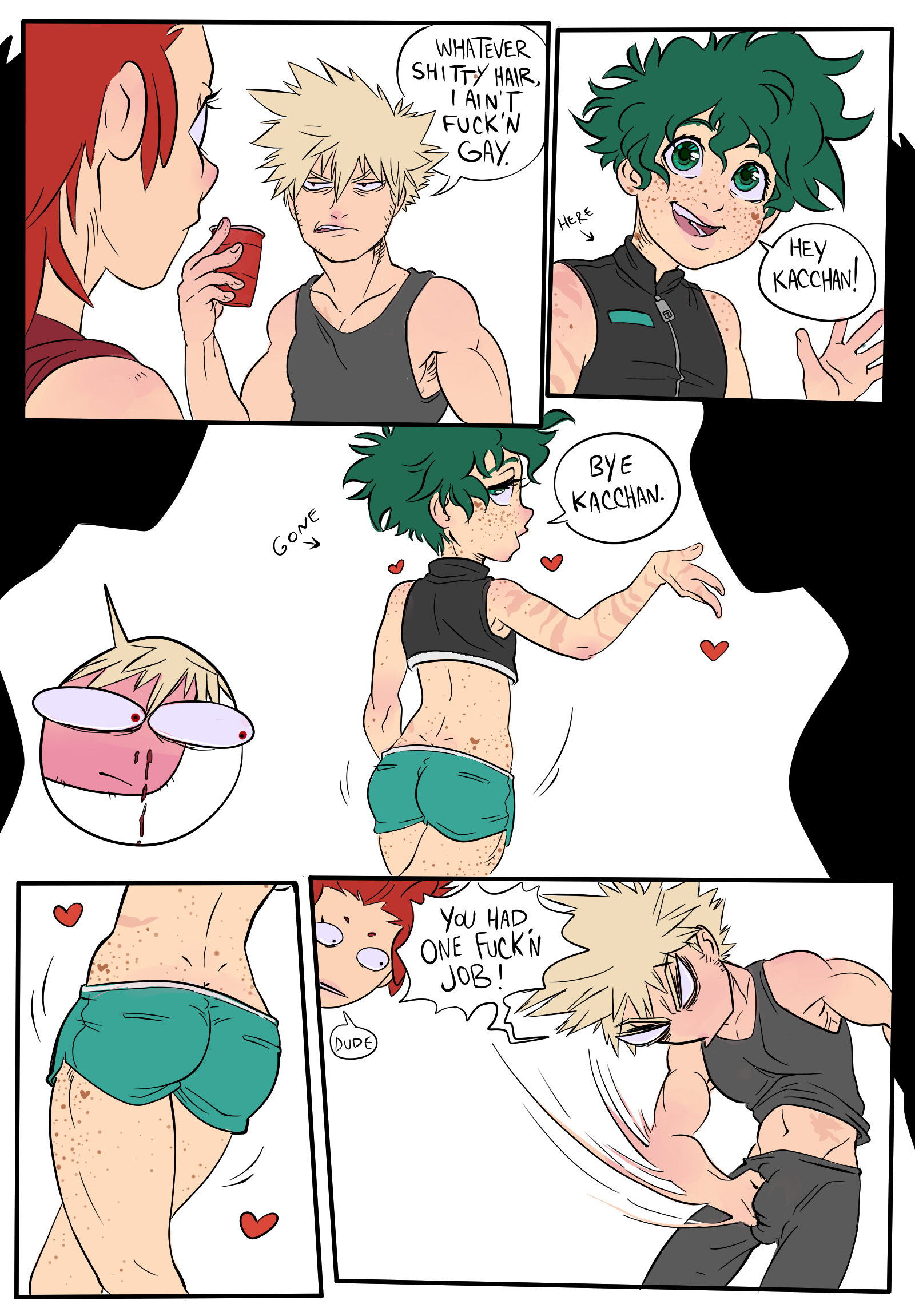 3boys, artist request, ass, ass focus, bare midriff, blonde hair, blush, boner in pants, booty shorts, bulge, comic, comic page, cute eyes, denial, eijirou kirishima, english text, erection, erection under clothes, femboy, feminine male, freckles, freckles on body, freckles on face, freckles on shoulders, freckles on thighs, gay, gay denial, girly, green eyes, green hair, green shorts, grey tank top, heart, human, humor, in denial, izuku midoriya, katsuki bakugou, light skin, light-skinned male, male, male only, masculine male, muscular, muscular arms, muscular shoulders, my hero academia, no background, nosebleed, red hair, scars on arm, short shorts, shorts, sideburns, sleeveless shirt, source request, speech bubbles, spiky hair, superhero, tank top, text, toy chuu, white background, yaoi