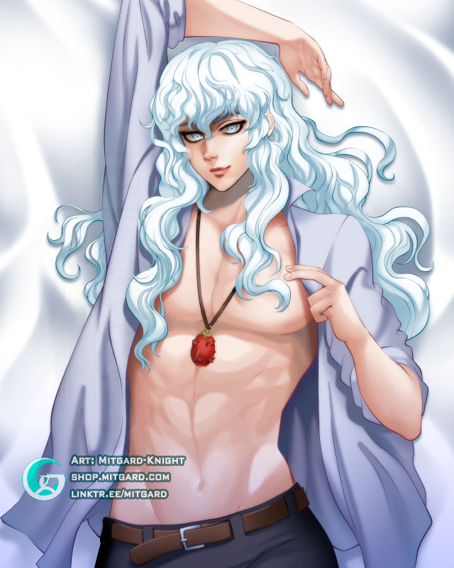 1boy 2d_(artwork) artist_logo artist_name berserk bishonen blue_eyes bodypillow dakimakura dakimakura_design griffith human long_hair_male looking_at_viewer male male_only mitgard-knight necklace no_visible_genitalia open_shirt smooth_skinned_male solo twink wavy_hair white_hair