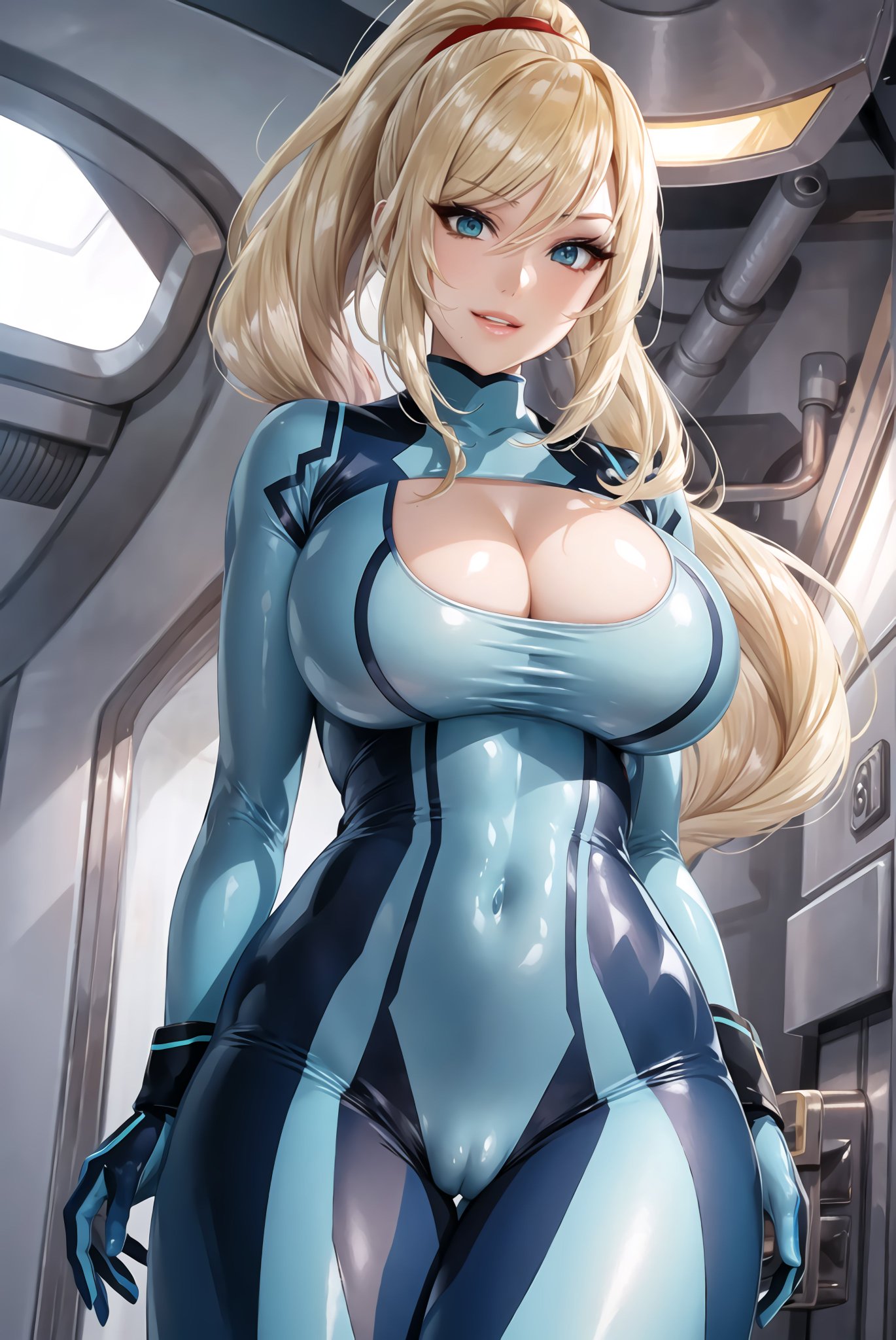 1girls, ai generated, blonde hair, bodysuit, breasts, female, female only, hi res, highres, huge breasts, latex suit, metroid, samus aran, seductive look, skin tight, solo, stable diffusion, voluptuous, voluptuous female, zero suit, zero suit samus