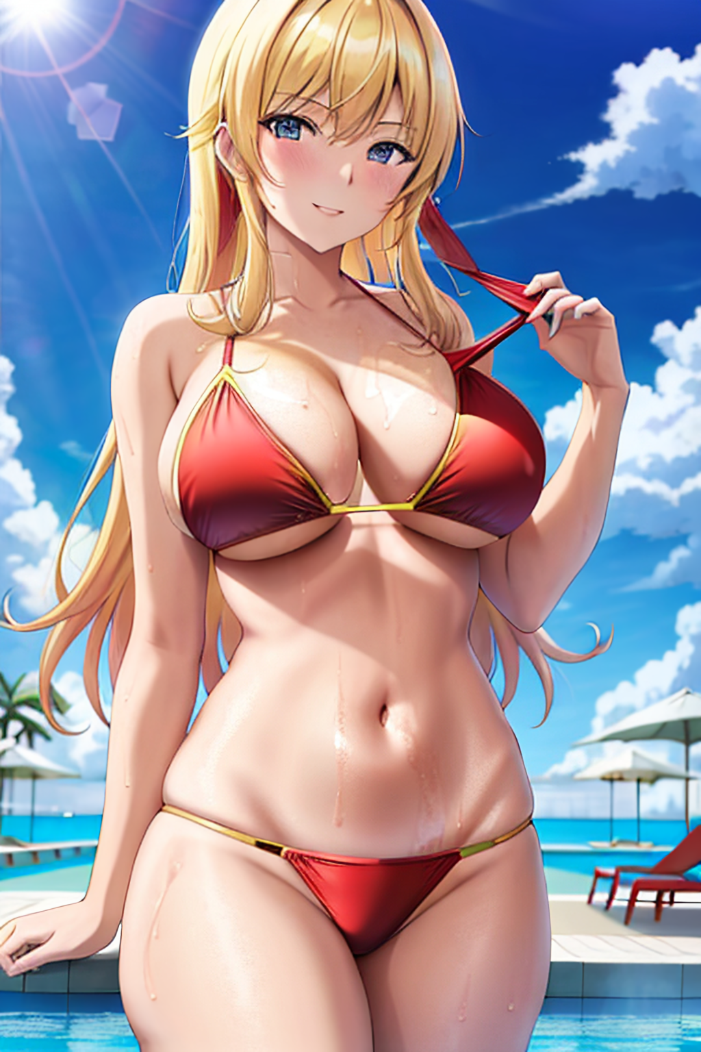 1girls ai_generated alternate_hairstyle big_breasts bikini blonde_hair blue_eyes busty claire_harvey female female_only hi_res hundred large_breasts legs long_hair looking_at_viewer navel pool red_bikini sensual smile thighs voluptuous water