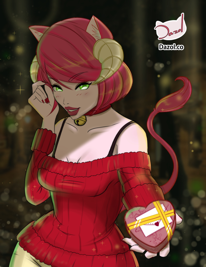 bell bell_collar big_breasts bra_strap cat_ears cat_tail catgirl chocolate dazol green_eyes horns large_breasts lipstick looking_at_viewer red_hair red_hair sweater tagme tail valentine's_day