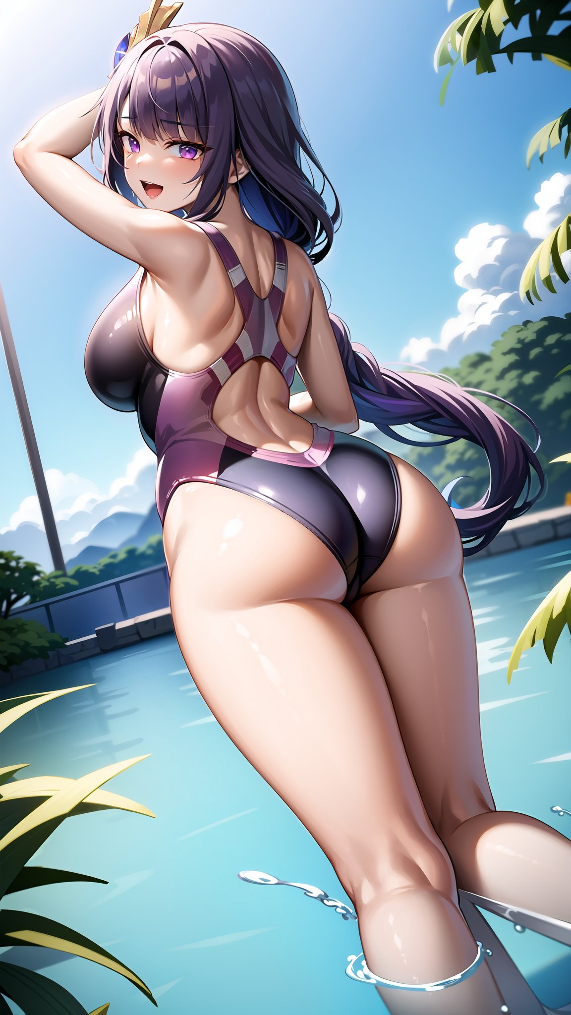 1girls, ai generated, ass, breasts, competition swimsuit, female, genshin impact, hips, huge ass, huge breasts, light skin, light-skinned female, long hair, one-piece swimsuit, purple eyes, purple hair, raiden shogun, swimsuit, thick thighs, thighs, wide hips