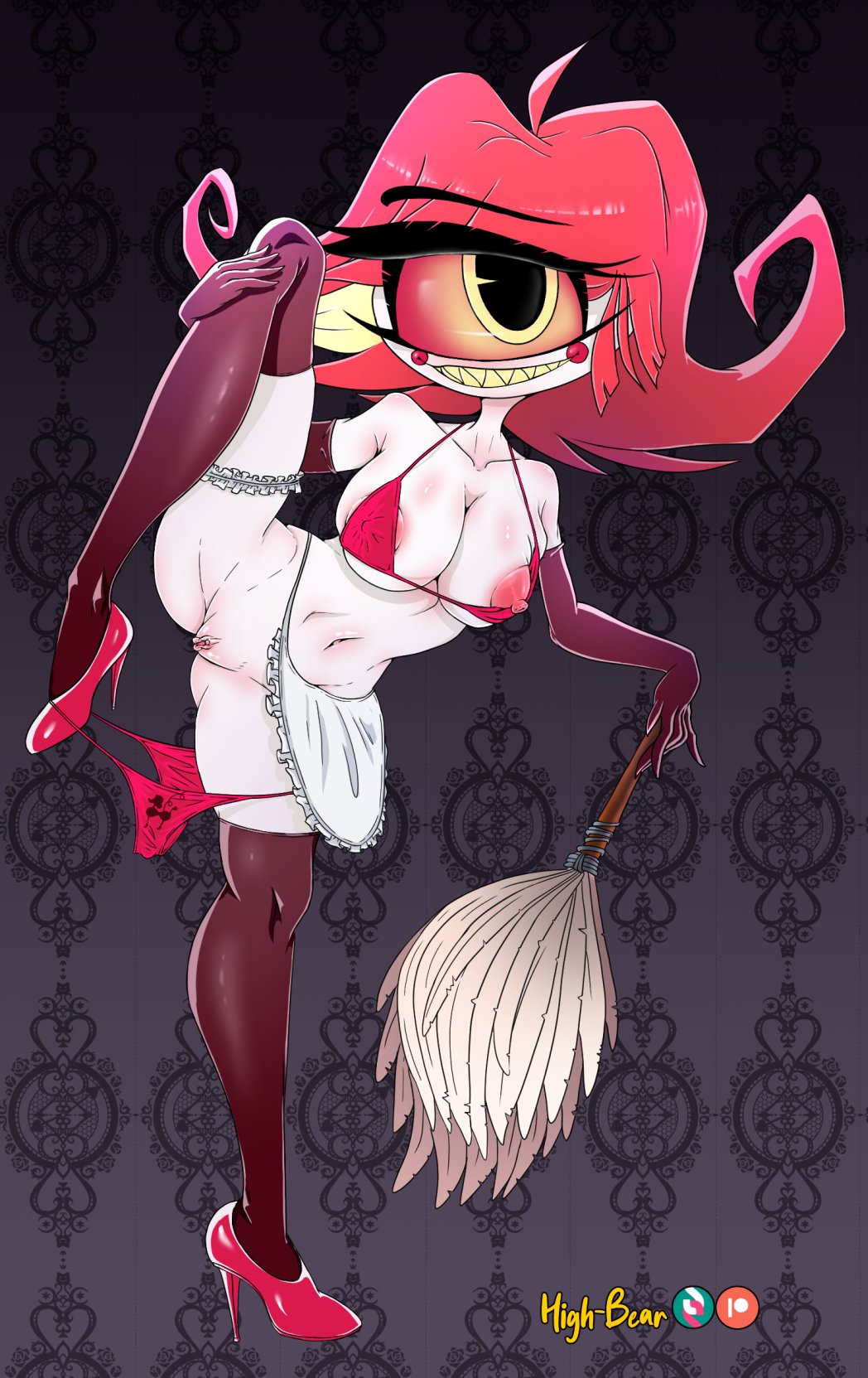 big_breasts cyclops demon female female_only hazbin_hotel high-bear high_heels maid maid_uniform milf niffty nipples one_leg_up pussy solo_female stoking