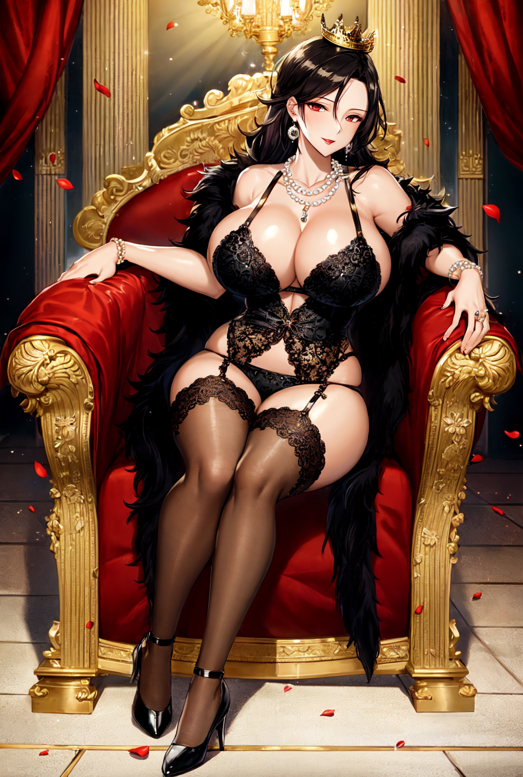 1girls ai_generated black_hair crown curvaceous curvy_body curvy_female curvy_figure golden_crown high_heels highres huge_breasts legwear lingerie milf queen seductive_look solo solo_female stable_diffusion underwear voluptuous_female