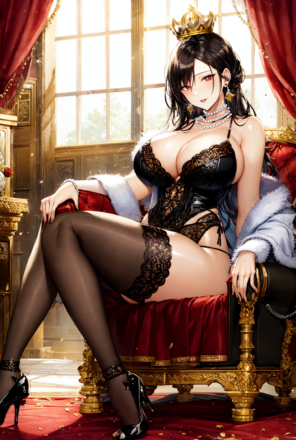 1girls ai_generated black_hair crown curvaceous curvy_body curvy_female curvy_figure golden_crown hi_res high_heels huge_breasts legwear lingerie long_hair milf queen seductive_look solo solo_female solo_focus stable_diffusion underwear