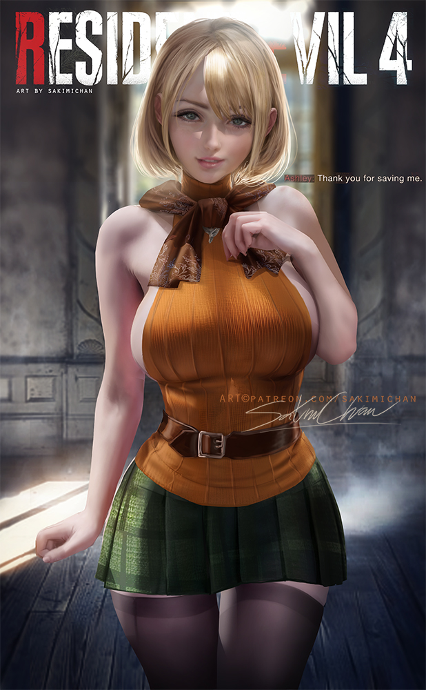 1girls, alternate version available, american, aqua eyes, ashley graham, ashley graham (ella freya), blonde hair, blue eyes, breasts, capcom, checkered skirt, clothed, female, green eyes, huge breasts, light skin, light-skinned female, looking at viewer, medium hair, miniskirt, petite, resident evil, resident evil 4, resident evil 4 remake, sakimichan, scarf, seductive eyes, seductive look, seductive smile, short hair, short skirt, skirt, slim, smile, solo, stockings, thighhighs, turtleneck
