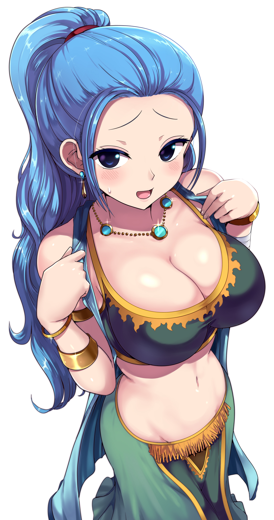 1girls, alternate version available, arabasta saga, arabian clothes, armlet, belly dancer, belly dancer outfit, blue hair, blue-haired female, breasts, cleavage, dancer outfit, female, female human, female only, harem girl, harem outfit, hi res, huge breasts, human, kasai shin, large breasts, light skin, light-skinned female, long hair, long ponytail, looking at viewer, naughty face, nefertari vivi, one piece, ponytail, pre-timeskip, simple background, solo, thighs, variant set, white background