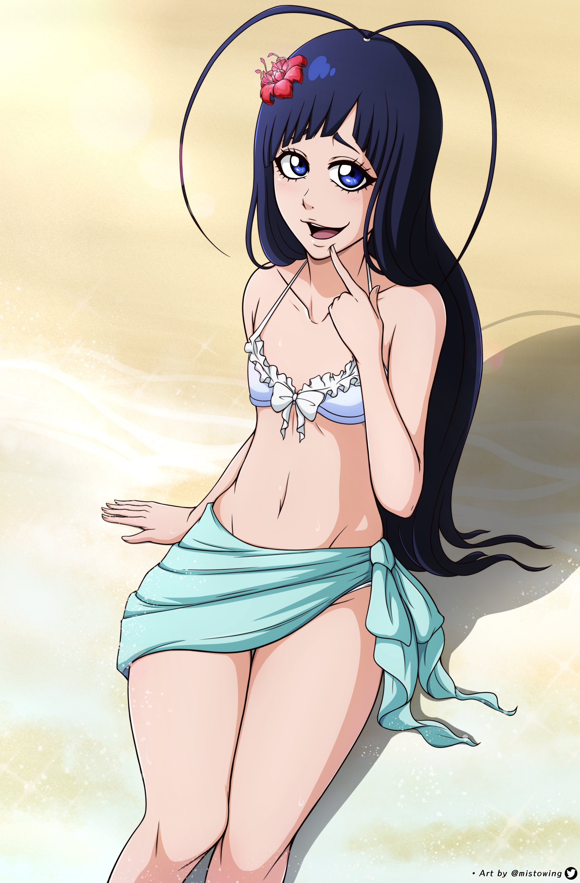 1boy, beach, bikini, bleach, bleach: the thousand-year blood war, crossdressing, dark hair, femboy, giselle gewelle, long hair, male, male only, mistowing, navel, otoko no ko, solo, swimsuit